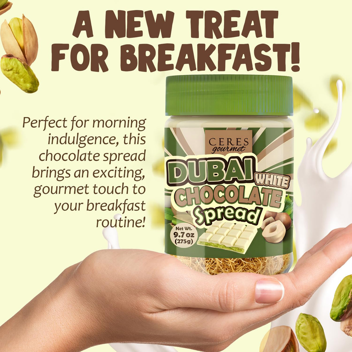 Dubai Spreadable White Chocolate - Pistachio Spread with Roasted Phyllo, Gourmet Breakfast Chocolate - 9.7 oz