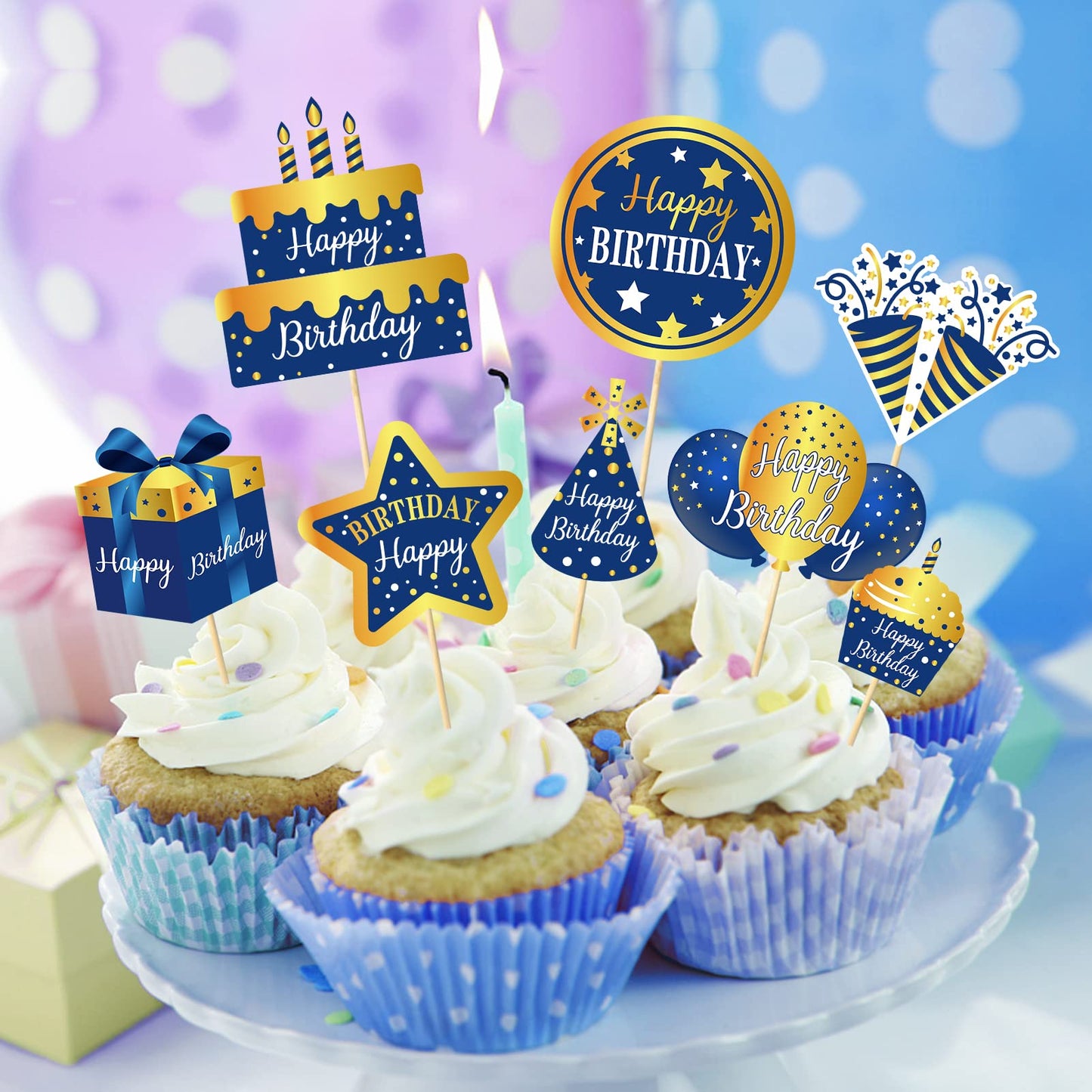 Lnlofen 48Pcs Happy Birthday Cake Toppers Decorations For Boys Men, Blue Gold Birthday Cupcake Toppers, 16Th 21St 30Th 40Th 50Th