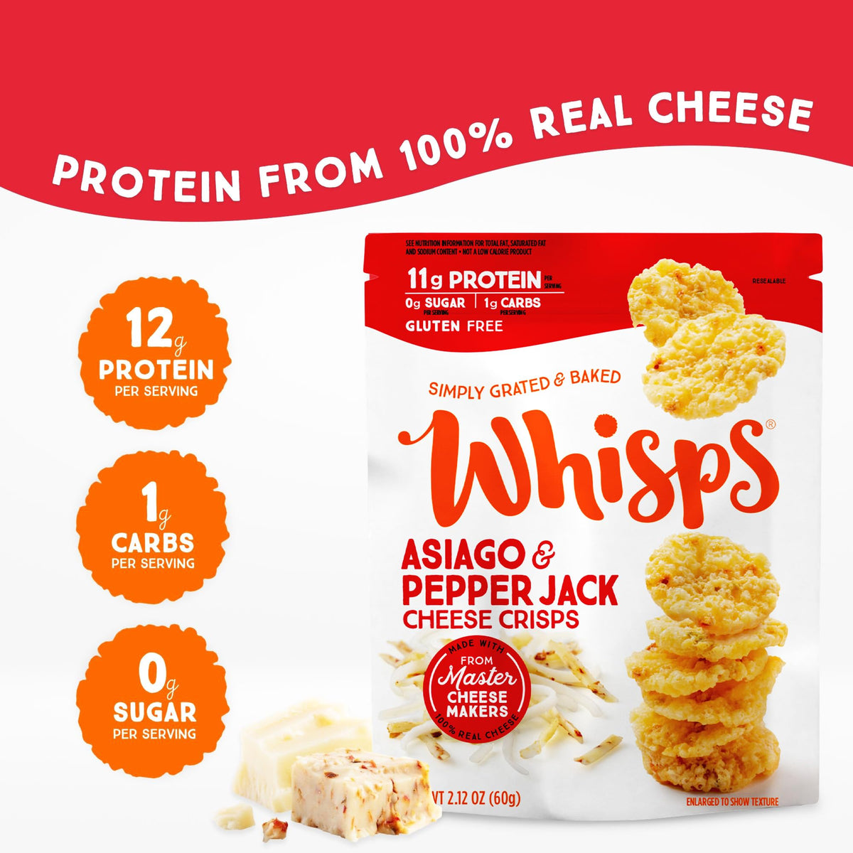 Whisps Cheese Crisps Protein Chips, Gluten Free, High Protein, Low Carb, 2.12 Oz (Pack of 6)