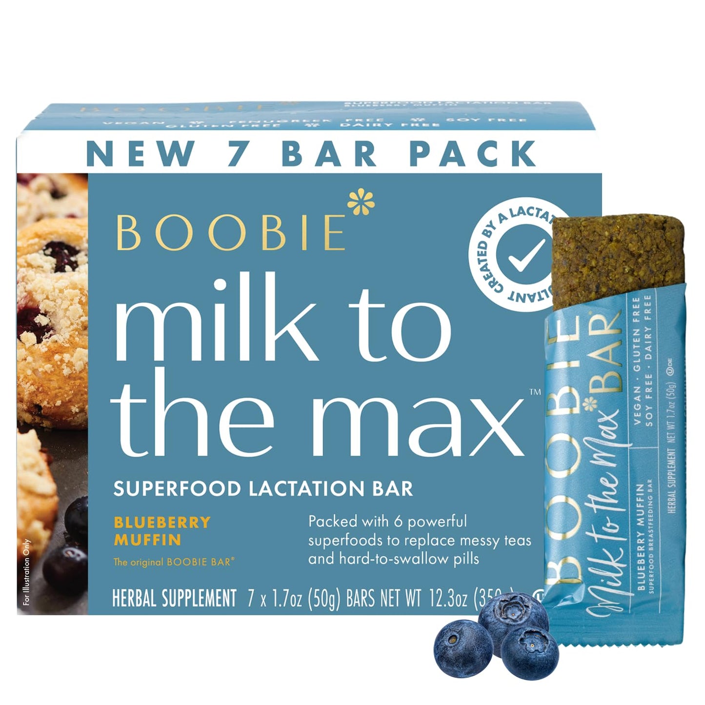 Boobie Bar Superfood Blueberry Muffin Lactation Bar For Breastfeeding Moms To Increase Milk Supply | #1 Selling Lactation Snack Bars | Vegan  Fenugreek-Free  Gluten-Free  Dairy-Free (7 Bars)