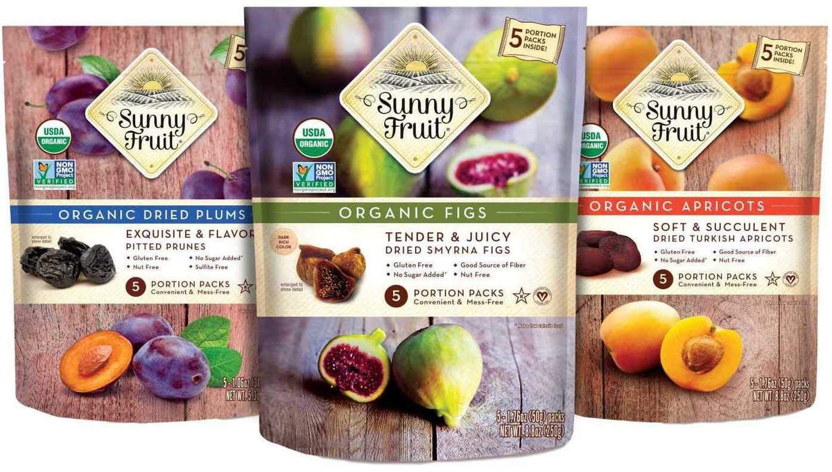 SUNNY FRUIT Organic Dried Fruit Assortment - Figs, Apricots, Dates, Mango, Cherries & Prunes, 30 Packs (1.76 oz each), NON-G