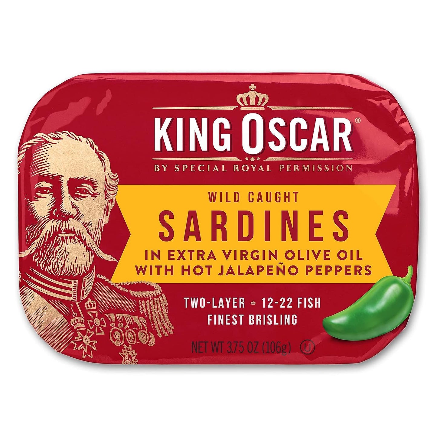 King Oscar Wild Caught Sardines in Extra Virgin Olive Oil  Hot Jalapeno Peppers  3.75 Ounce (Pack of 12)