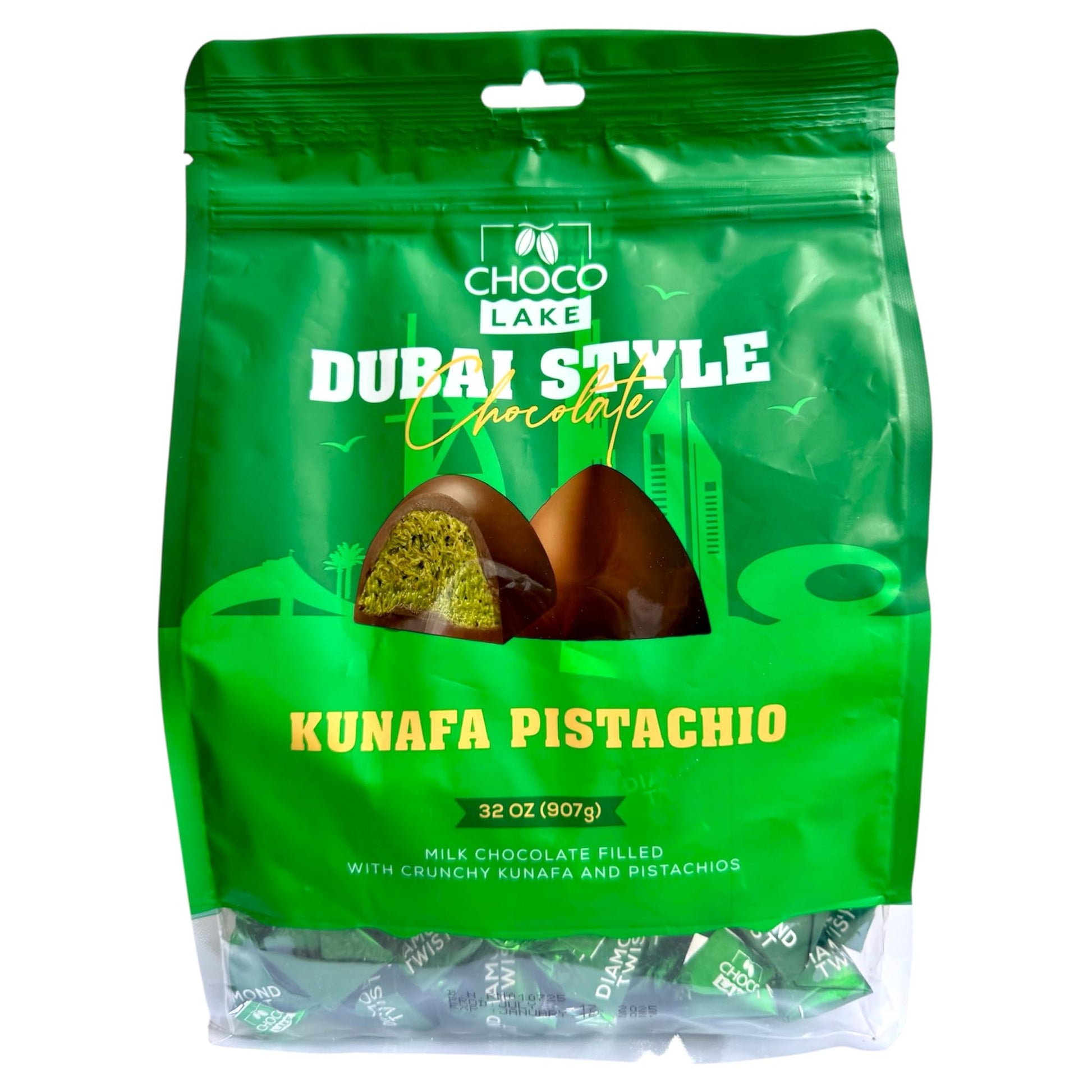 Dubai Style Kunafa Pistachio Chocolate  32 Oz Bulk Bag - Milk Chocolate Filled With Crunchy Kunafa & Pistachios  Individually Wrapped Candy By Choco Lake