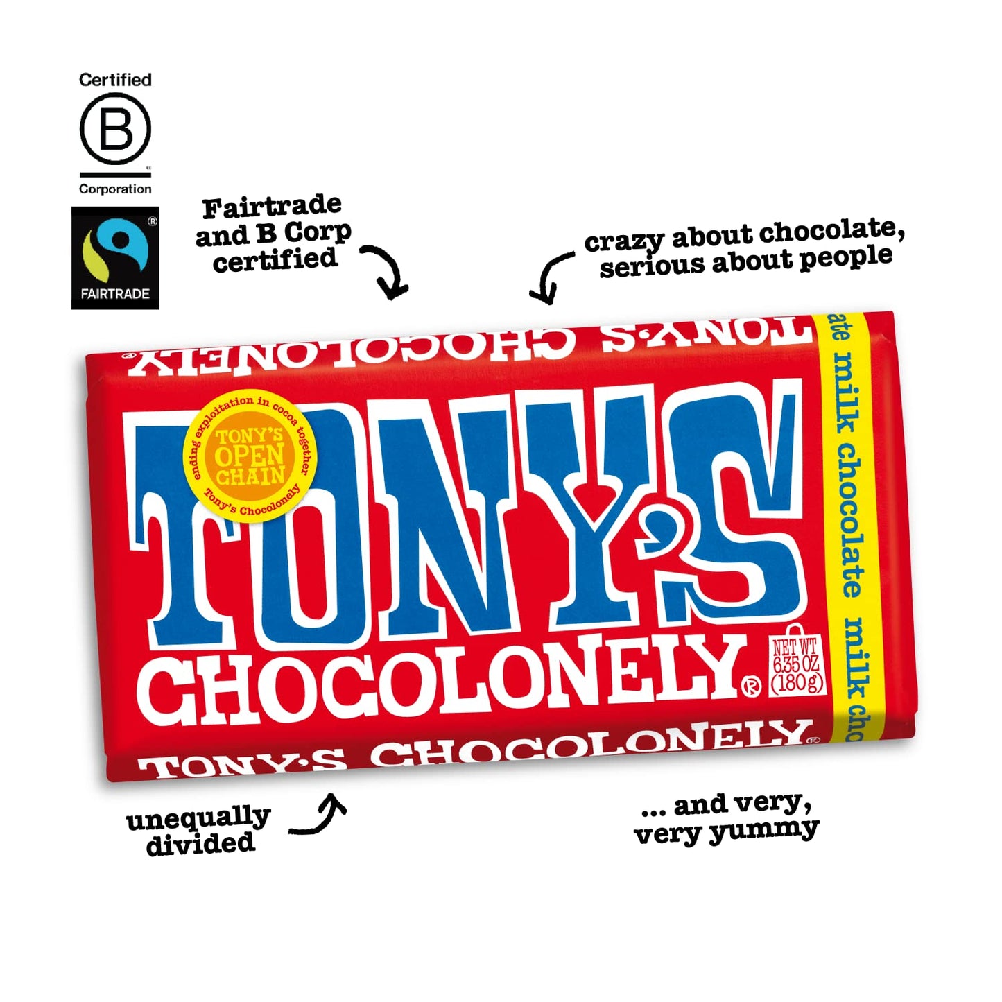 Tonys Chocolonely 32% Milk Chocolate Bar - Belgium Chocolate, No Artificial Flavoring, Fairtrade & B Corp Certified - 6.35 Oz