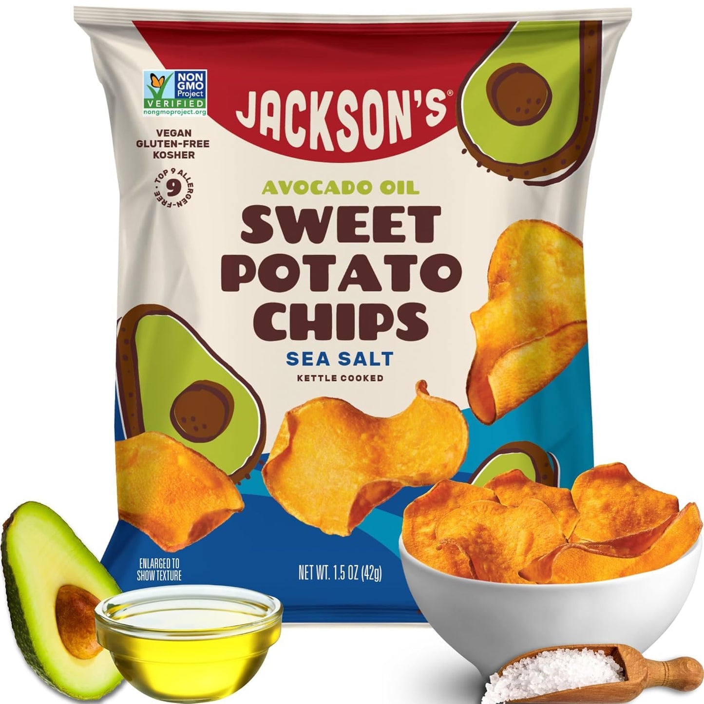 Jacksons Sweet Potato Kettle Chips, Sea Salt, Vegan, Gluten Free, 1.5 Ounce (Pack of 18)