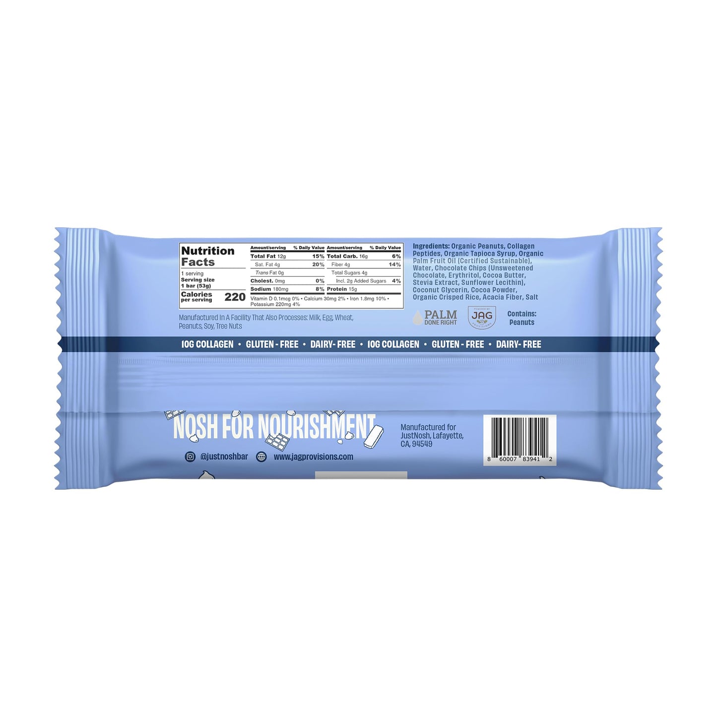 Justnosh ?D?Ouble Chocolate Chip Collagen Protein Bars – 15G Protein, 10G Collagen | Gluten & Dairy Free, Low Fodmap, Seed Oil Free (12 Pack)