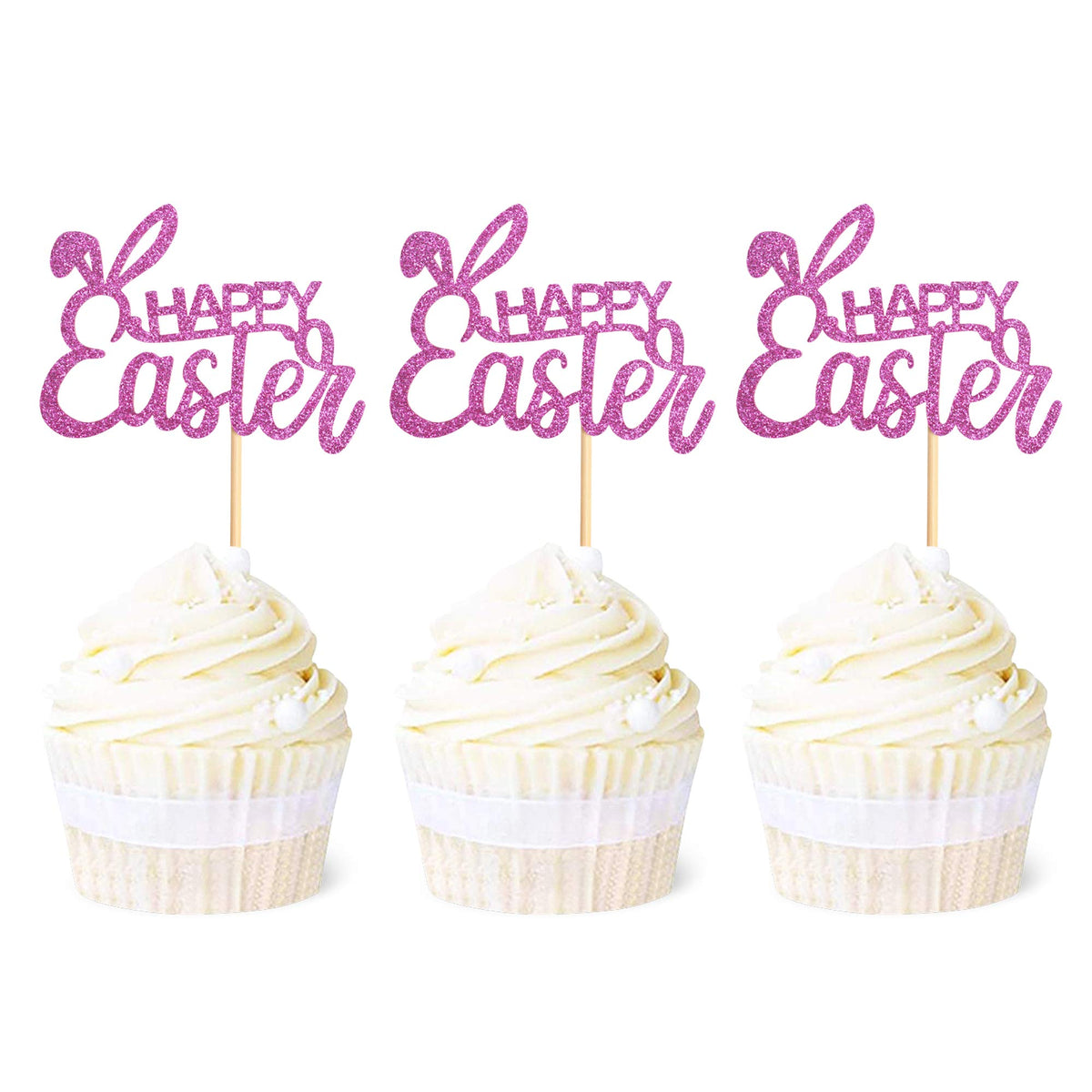 Ercadio 36 Pack Happy Easter Cupcake Toppers Glitter Rabbit Ear Cupcake Picks Happy Easter Theme Party Cake Decorations Purple