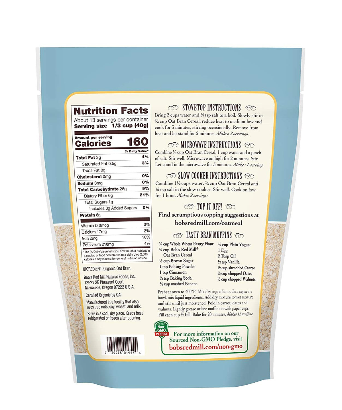Bob's Red Mill Organic Oat Bran Hot Cereal 18 Ounce (Pack of 2)
