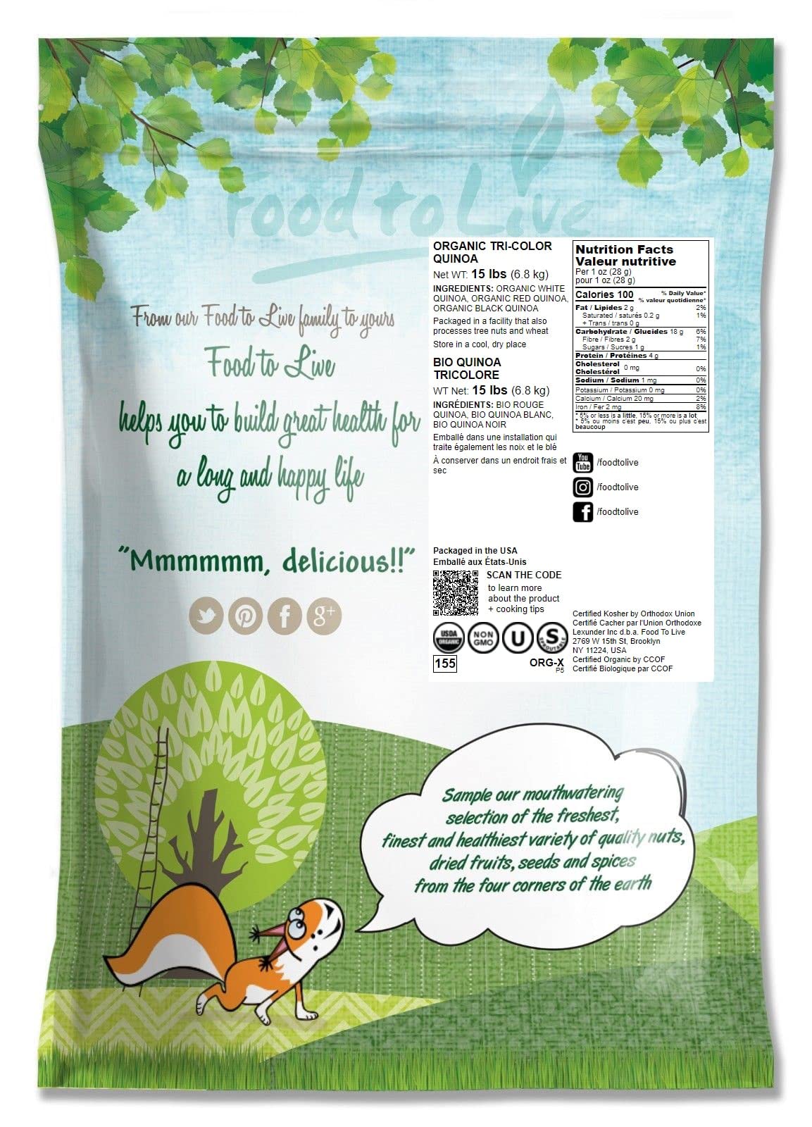Food To Live Organic Tri-Color Quinoa, 15 Pounds - Non-Gmo, Blend Of White, Black, Red Quinoa, Whole Grain, Non-Irradiated, Kosh