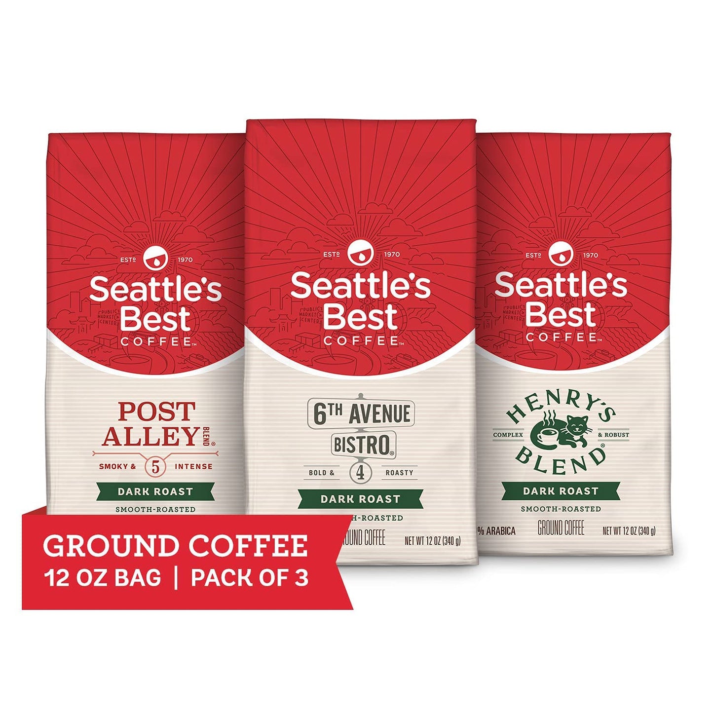 Seattles Best Coffee Dark Roast Ground Coffee Variety Pack, 12 Ounce Bags (Pack of 3)