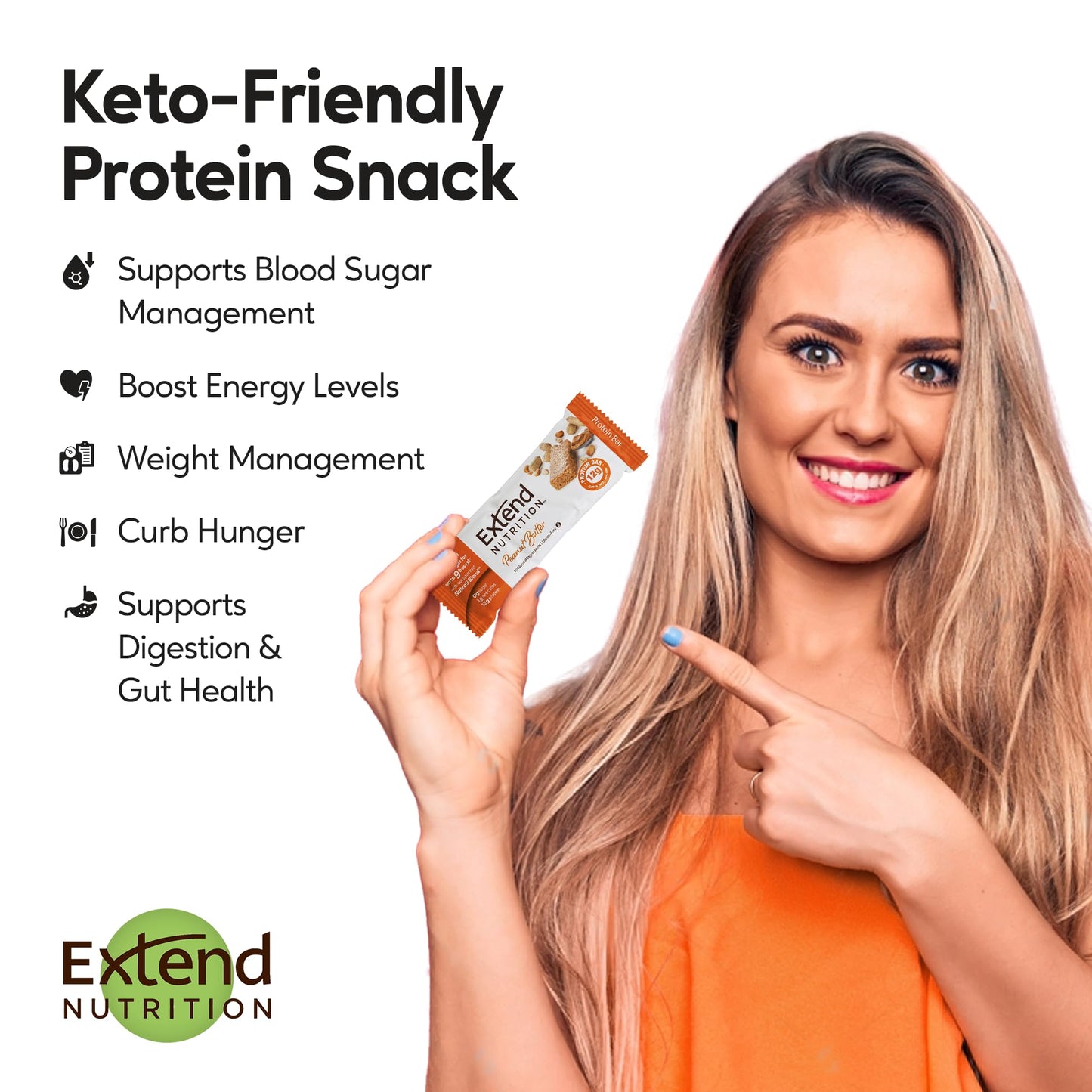 Extend Sugar Free Protein Bars, Perfect Diabetic Snacks, High Protein And Fiber, Hunger Control & Steady Energy, Low Carb, Keto Friendly (Peanut Butter)
