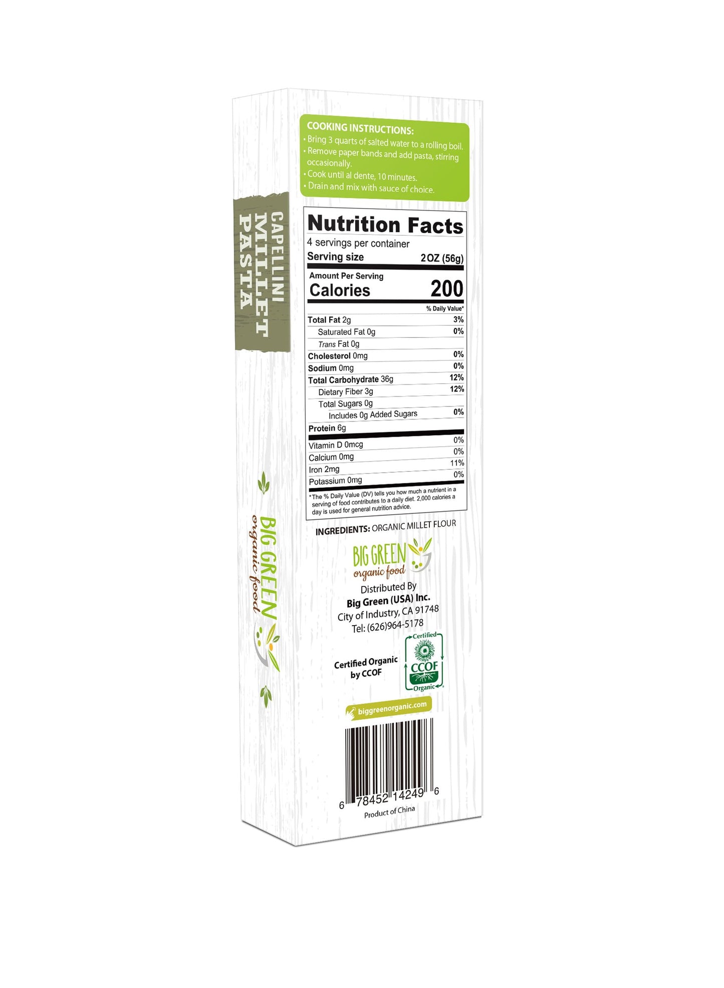 Big Green Organic Food- Organic Millet Capellini, Gluten-Free, Lectin-Free, Non-Gmo, Vegan, 6G Of Protein, Wheat And Rice Altern
