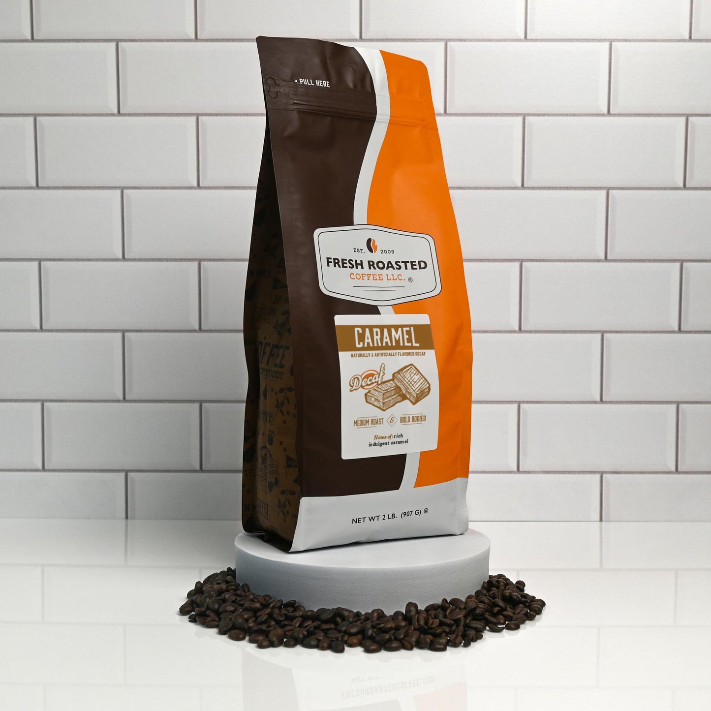 Fresh Roasted Coffee Decaf Caramel Flavor Ground Coffee Medium Roast 32 oz