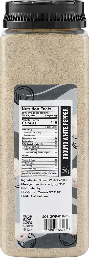 Soeos Ground White Pepper  18oz (510g)  Non-GMO  Kosher Certified  Fresh  Aromatic and All-Natural  White Peppercorns Powder  Perfect for Barbecue  Stir-Fry  Soup