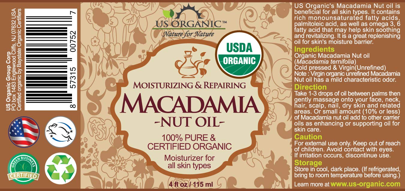US Organic Macadamia Nut Oil, Unrefined Virgin, Cold Pressed, 4 oz, Clear, Model MAOL021ANP, Amber Glass Bottle with Dropper