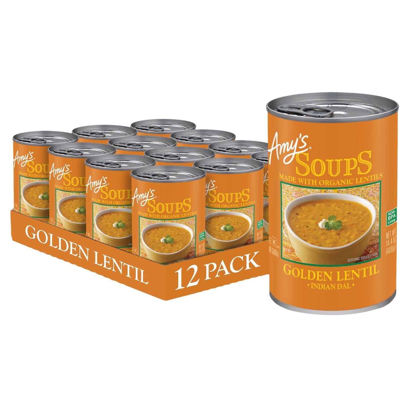 Amys Soup, Vegan Golden Lentil Soup, Gluten Free Indian Dal, Made With Organic Red Lentils and Yellow Split Peas, Canned Soup, 14.4 Oz (12 Pack)