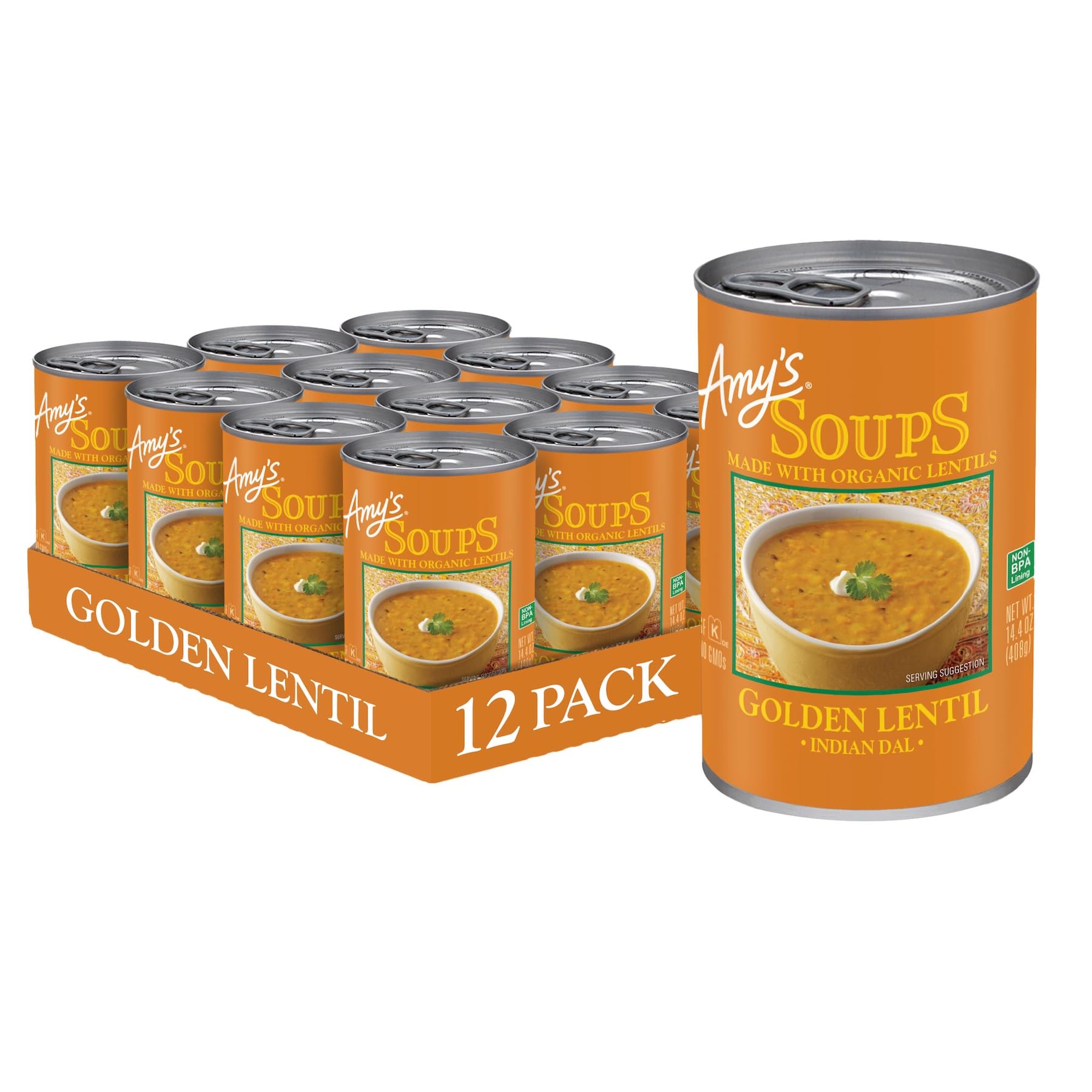 Amys Soup, Vegan Golden Lentil Soup, Gluten Free Indian Dal, Made With Organic Red Lentils and Yellow Split Peas, Canned Soup, 14.4 Oz (12 Pack)