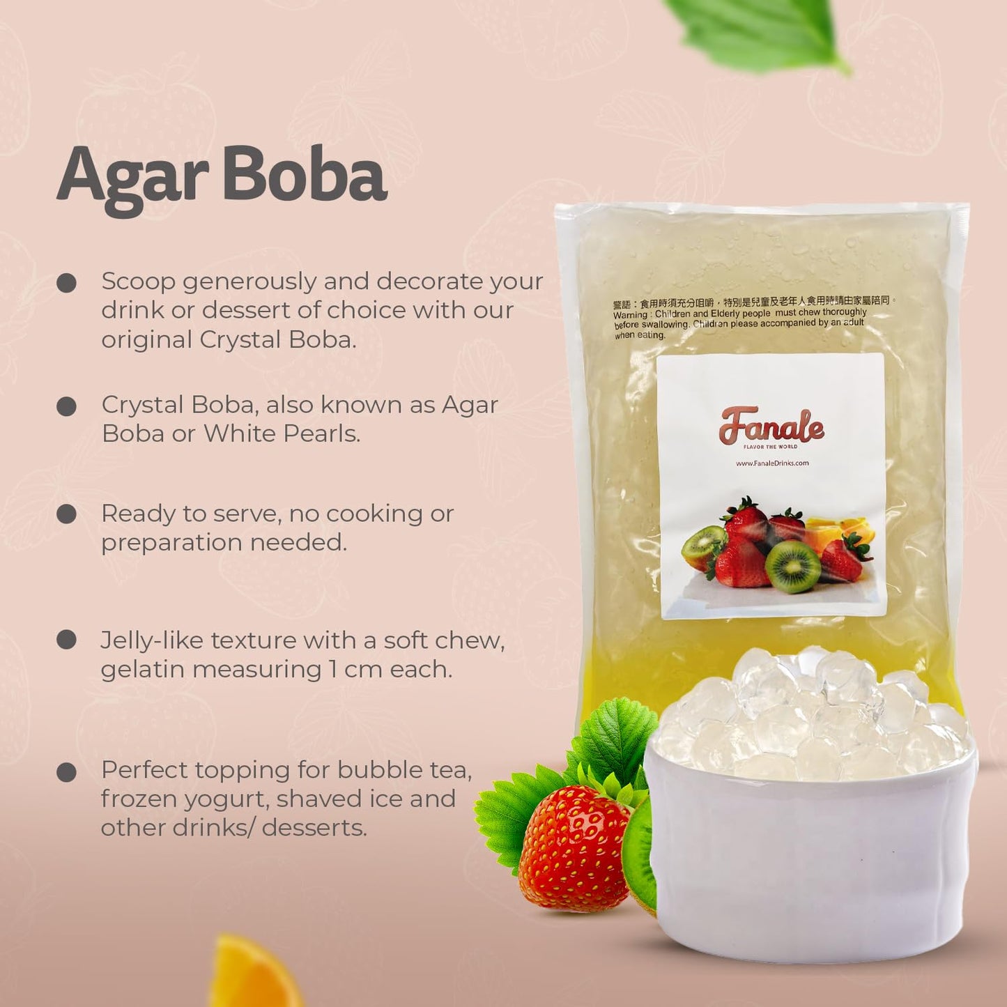 Fanale Agar Crystal Tapioca Boba Jelly Ball For Milk Tea Coffee Shaved Ice Topping (4.4 Lbs X 6 Bags/Case)