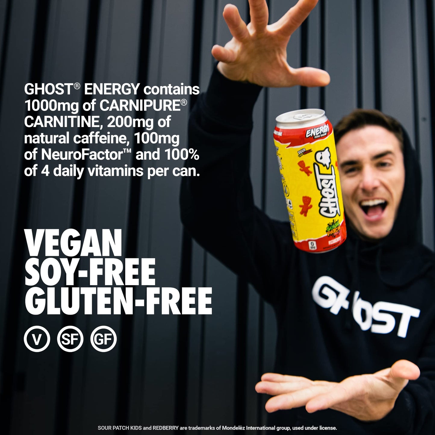 GHOST Energy Drink - 12-Pack  Sour Patch Kids Redberry  16oz - Energy & Focus & No Artificial Colors - 200mg of Natural Caffeine  L-Carnitine & Taurine - Gluten-Free & Vegan