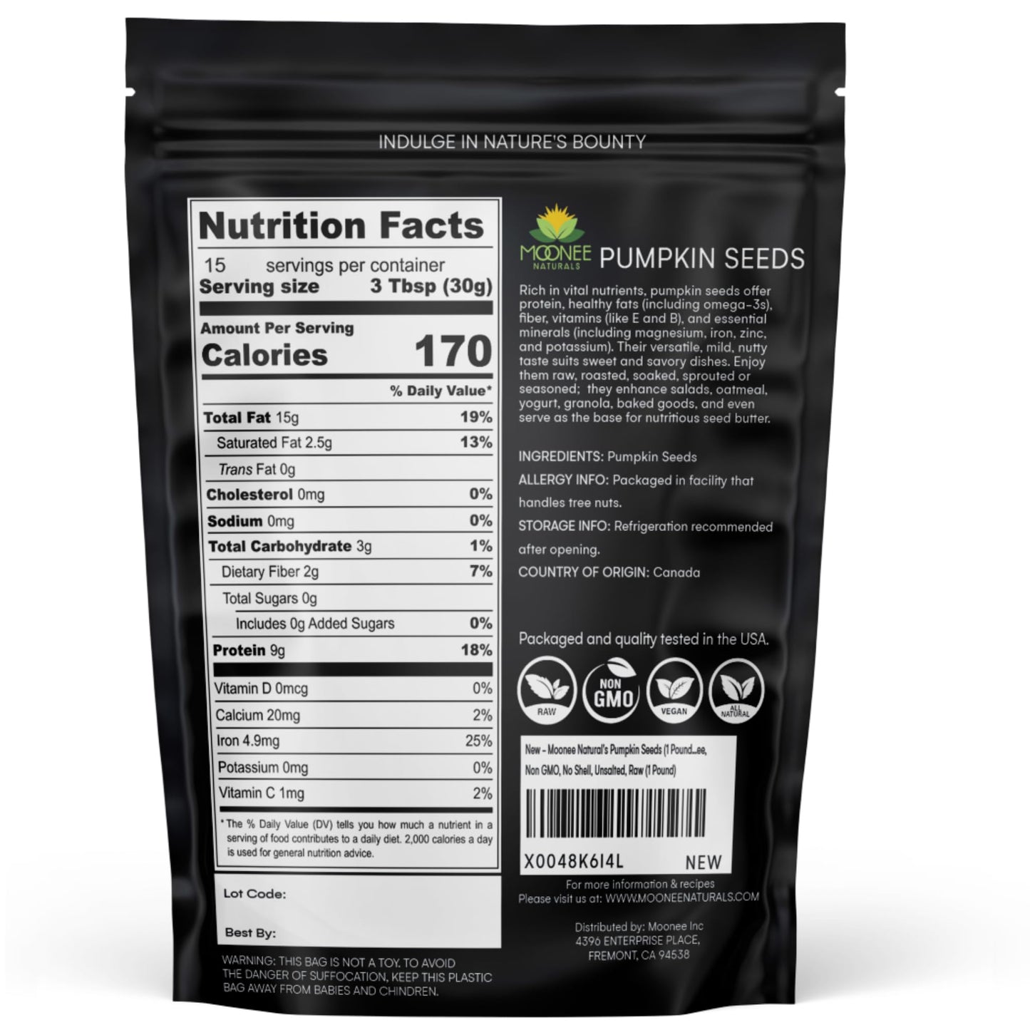 Moonee Naturals Pumpkin Seeds, 1 Pound - Gluten Free, Non-GMO, No Shell, Unsalted, Raw Snack