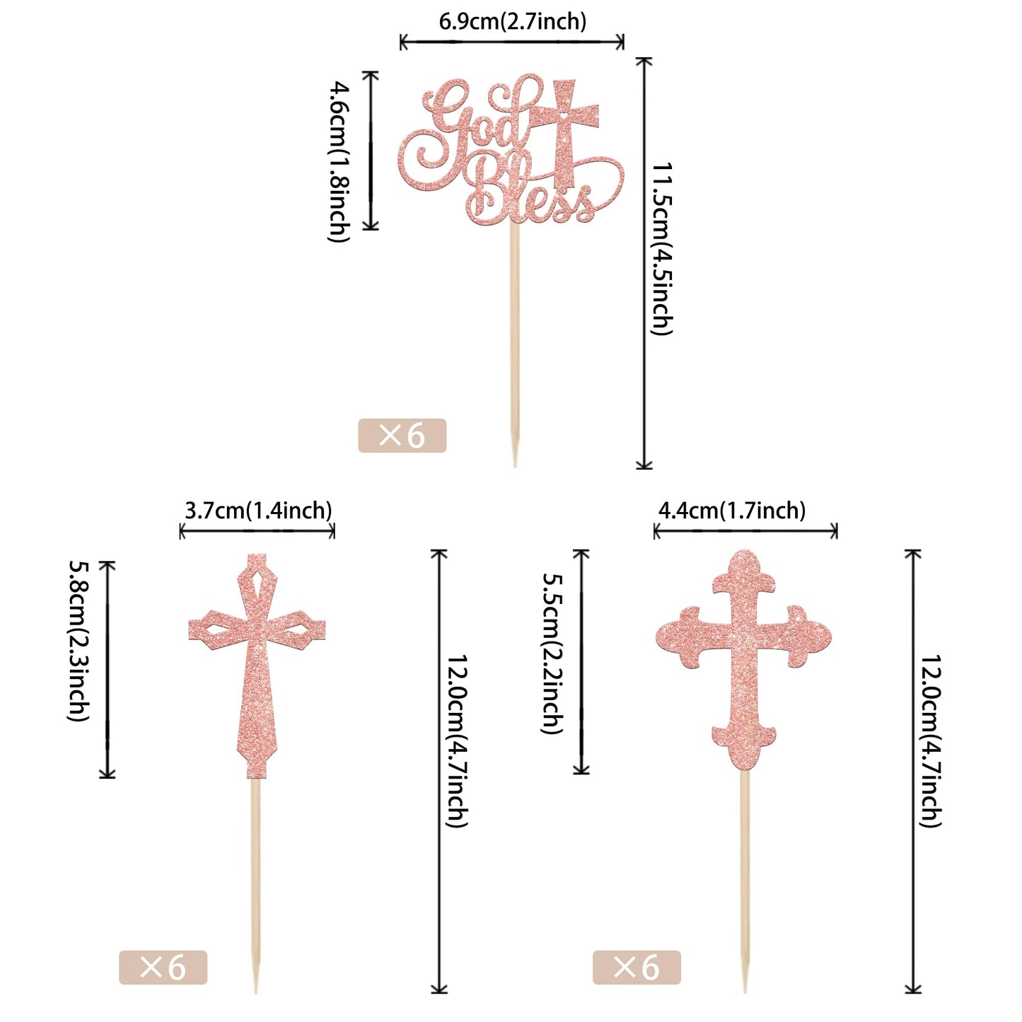 YCTHUNFISH Cupcake Toppers, 24 Pack Glitter Rose Gold, Paper, Religious Baptism and First Holy Communion Decorations