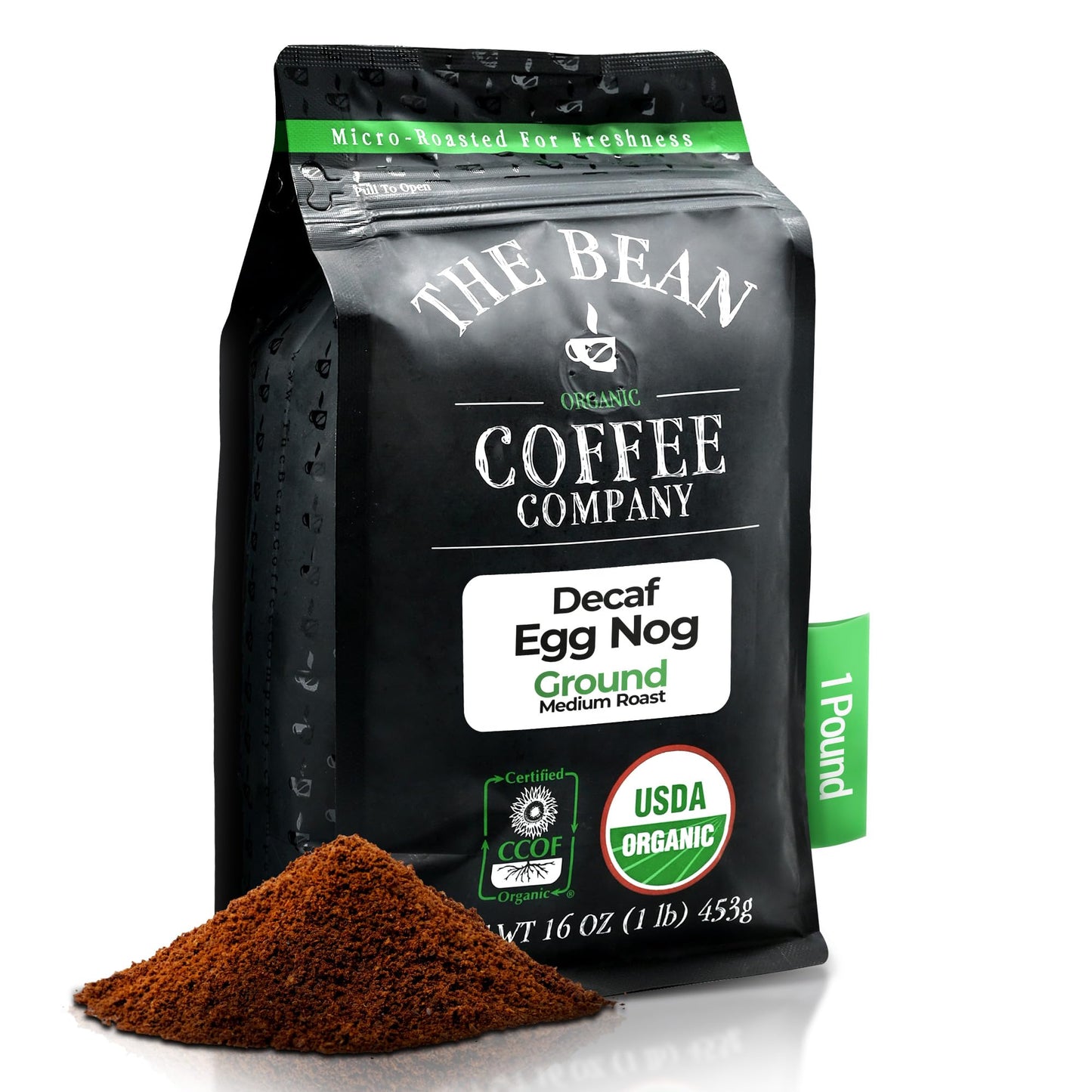 The Bean Organic Coffee Company Water Processed DECAF Egg Nog, Medium Roast, Ground Coffee, 16-Ounce Bag, Caf   Molido Tostado O