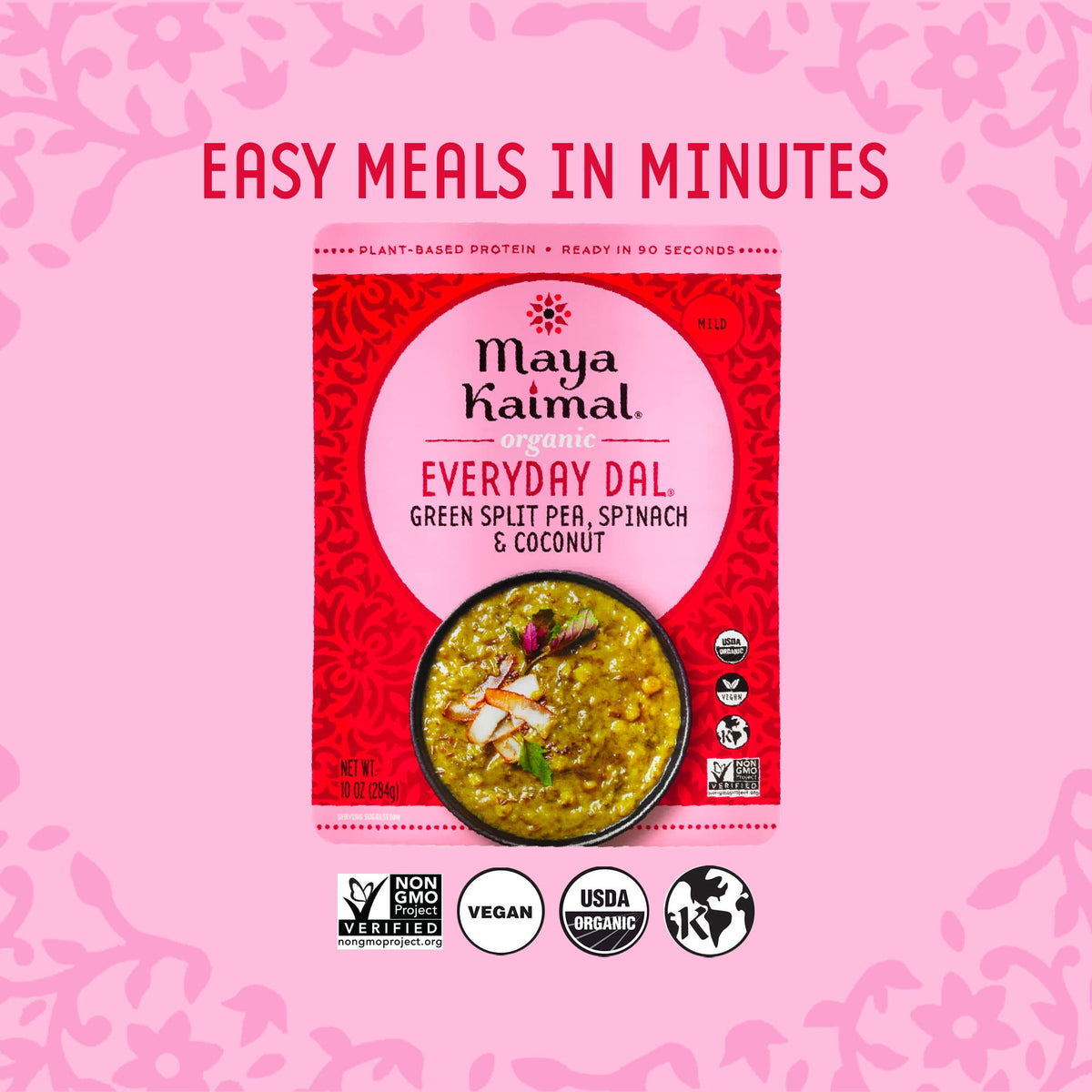 Maya Kaimal Organic Indian Green Split Pea Everyday Dal, Fully Cooked With Spinach And Coconut. Vegan, Microwavable, Ready To Ea