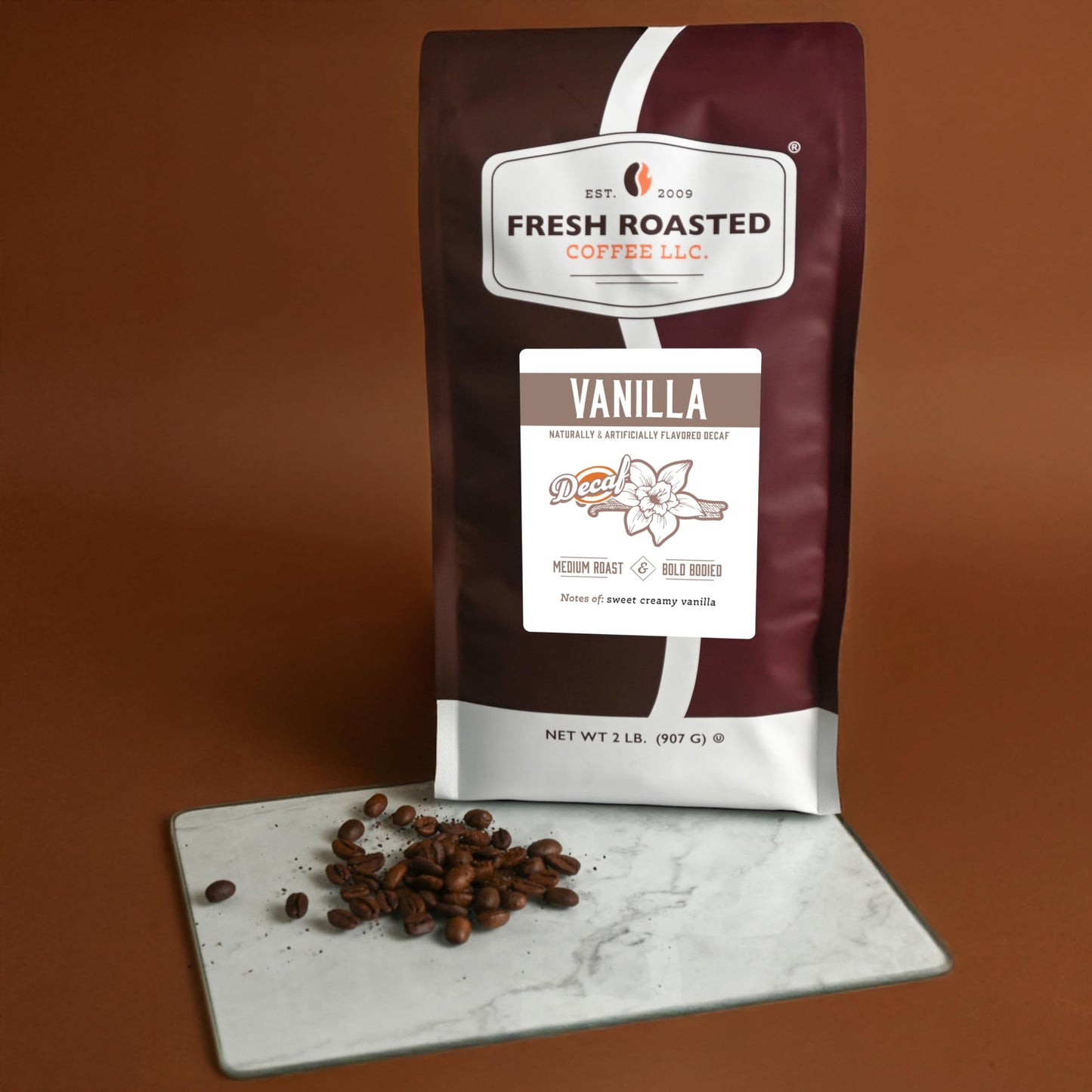 Fresh Roasted Coffee Decaf Vanilla Flavored Whole Bean Medium Roast 32 oz 2 lb