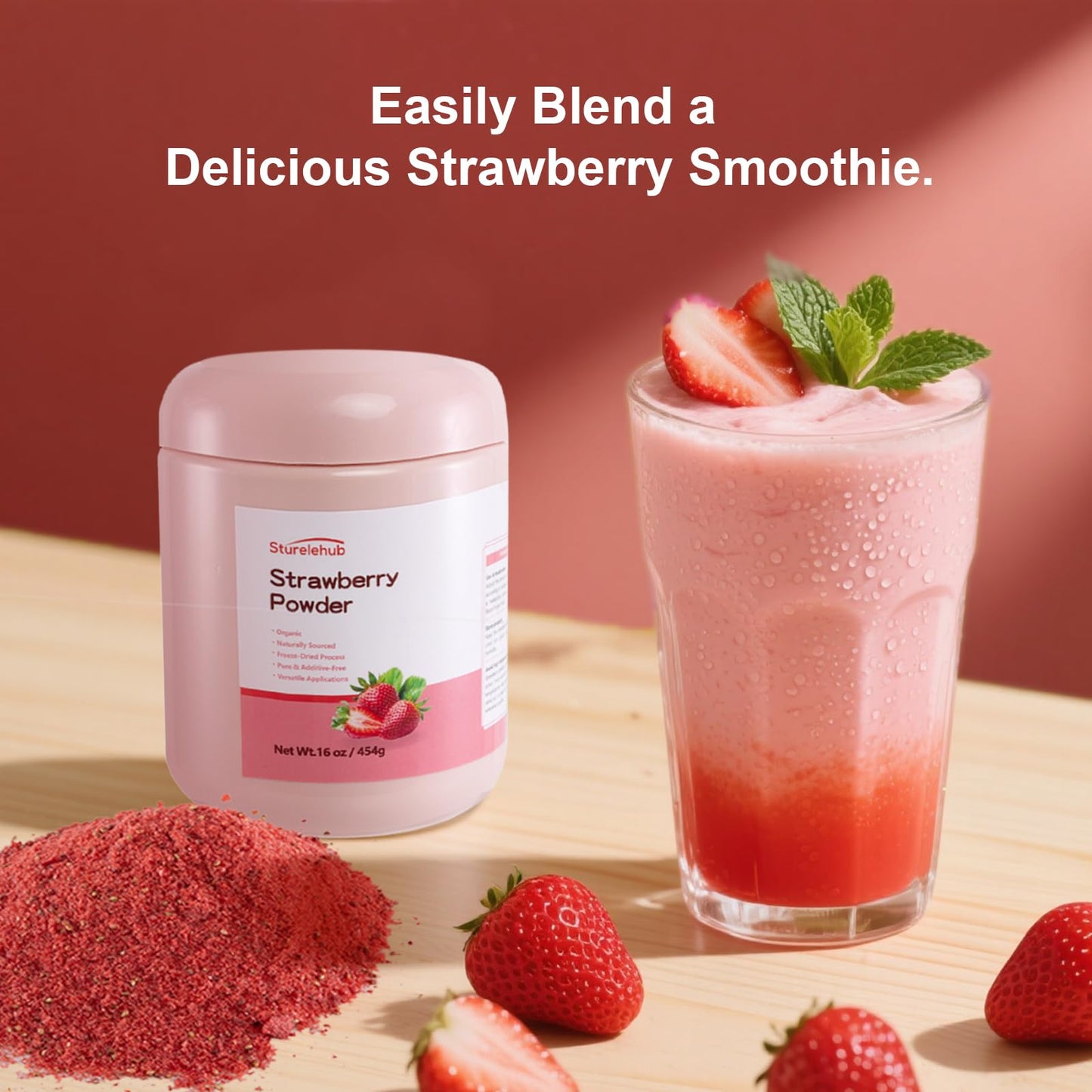 Sturelehub Strawberry Powder, Organic Freeze Dried Strawberry, 16oz, Deep Rose Red
