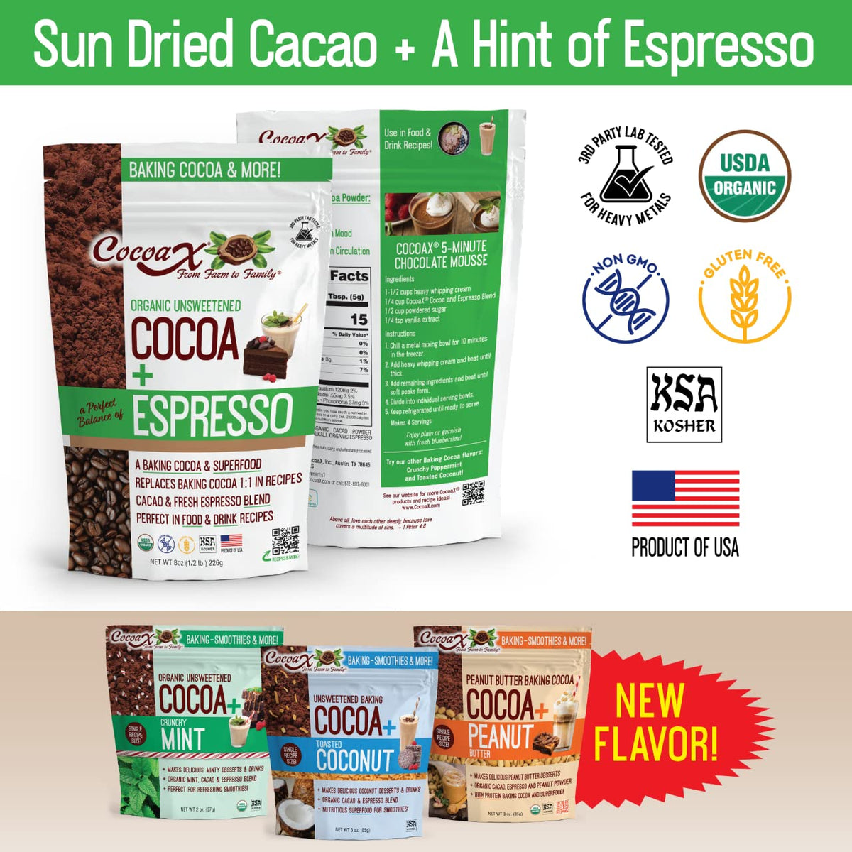 COCOAX Organic Cocoa Powder with Espresso - 8oz Gluten Free, Non-GMO, Unsweetened, Dutch Processed for Baking