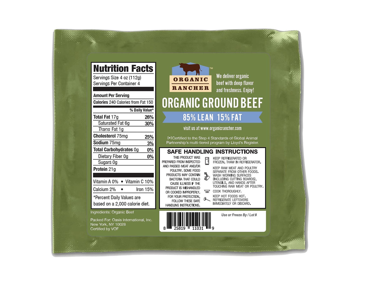 Organic Rancher, Organic Ground Beef 85% Lean/15% Fat, 16 Ounce