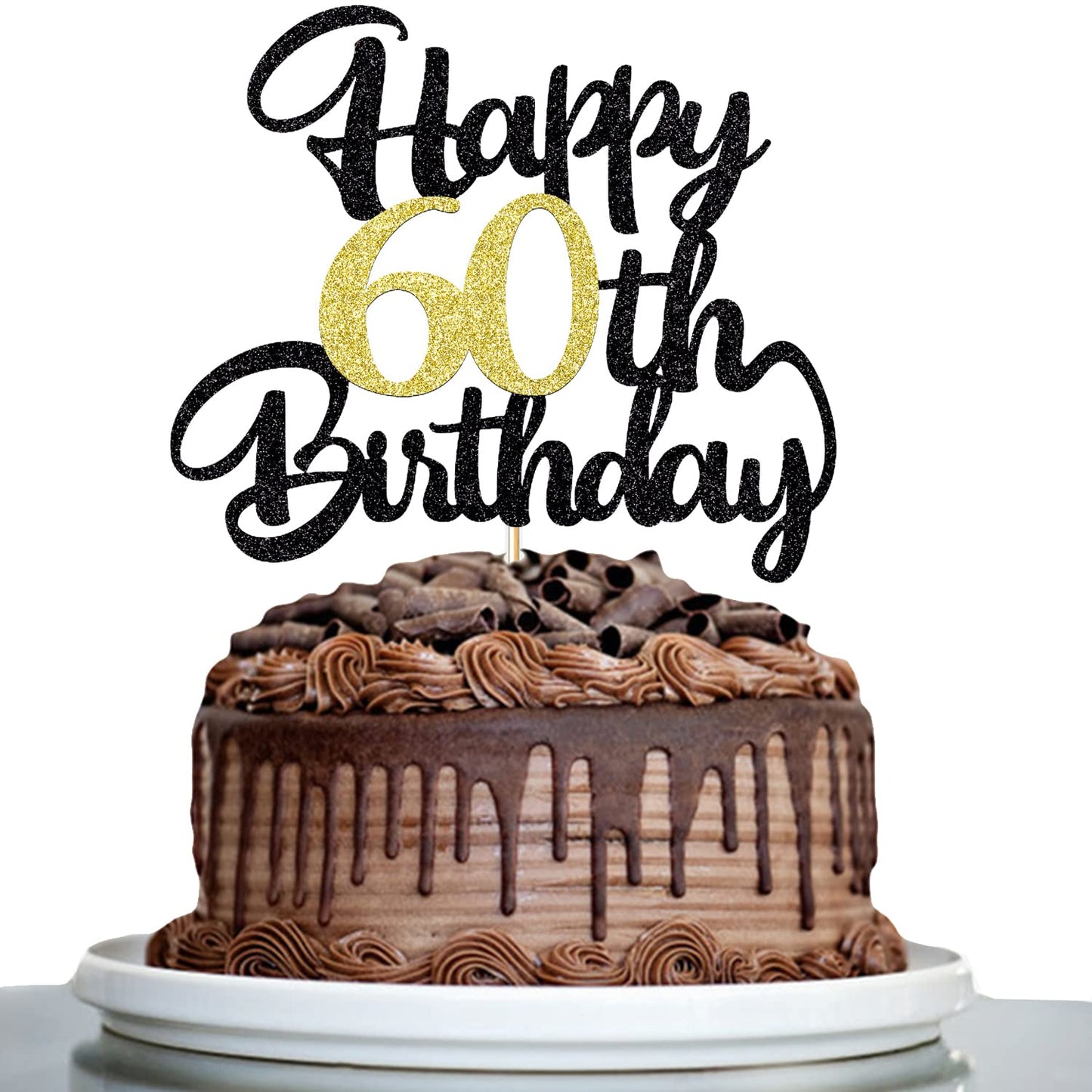 Klionjor Cake Topper - 60th Birthday Decoration, Black Gold Glitter, Photo Prop, Cardboard Material