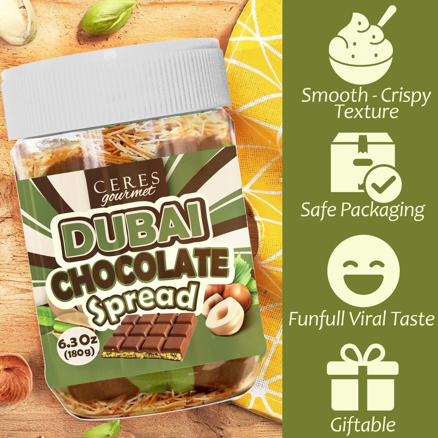 Dubai Chocolate Spread - 6.35 oz Jar with Pistachio  Kataifi & Gourmet Dubai Chocolate Filling for Pancakes  Breakfast  Snacks  and Desserts