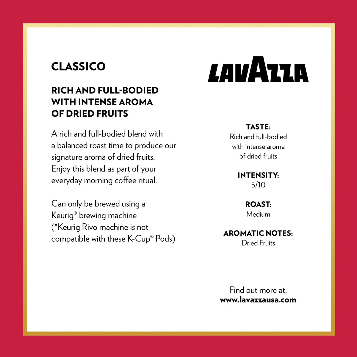 Lavazza Classico Medium Roast Coffee, Keurig K-Cups, 60 Count, 10 Count (Pack Of 6)