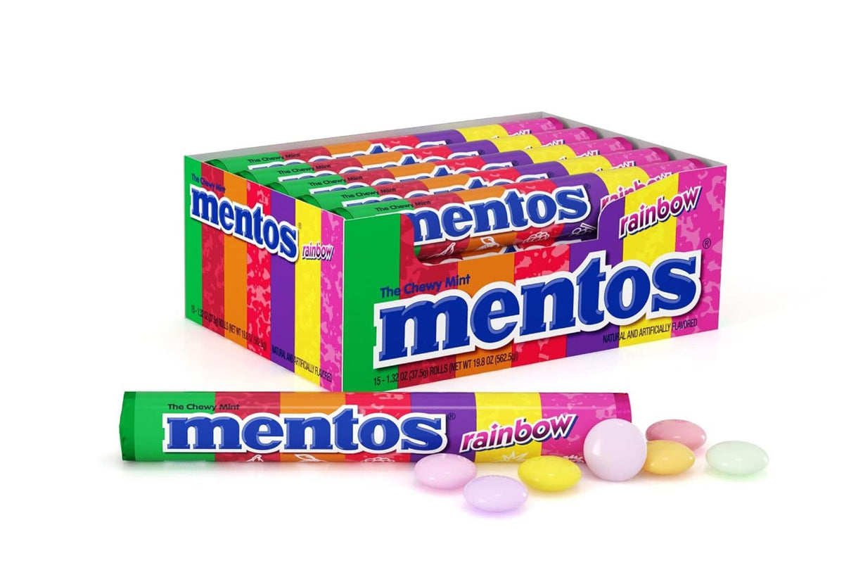 Mentos Chewy Mint Candy Roll, Rainbow, Non Melting, Party, 14 Pieces (Bulk Pack Of 15)