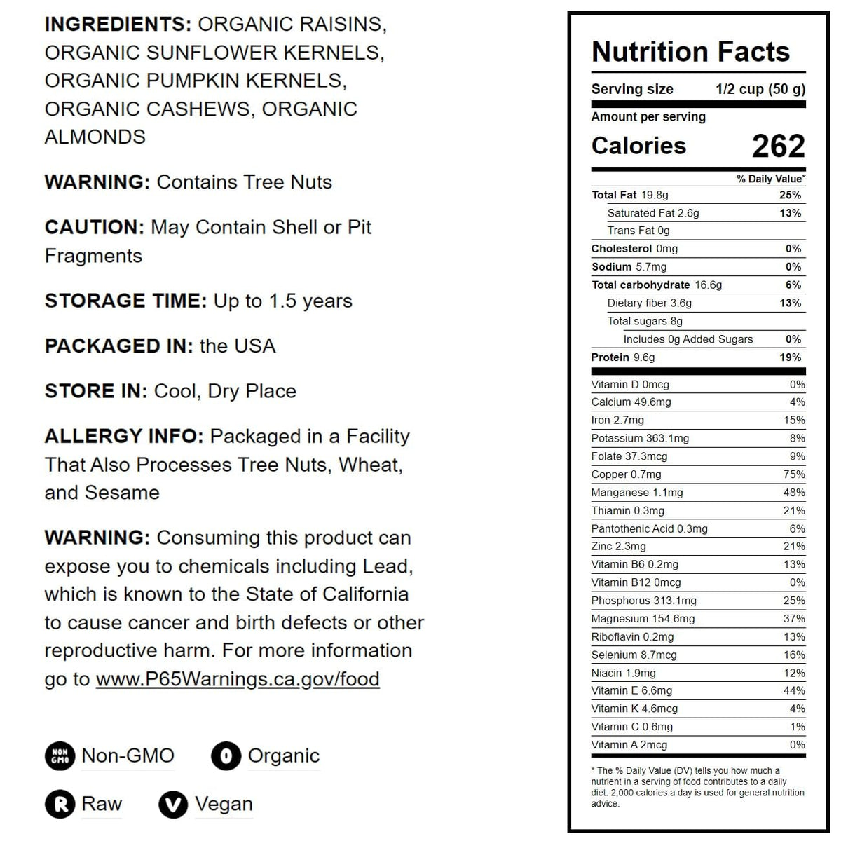 Food To Live Organic Raw Seeds, Nuts And Raisins Mix, 8 Ounces - Raw, Non-Gmo Trail Mix Contains Almonds, Cashews, Pumpkin Seeds