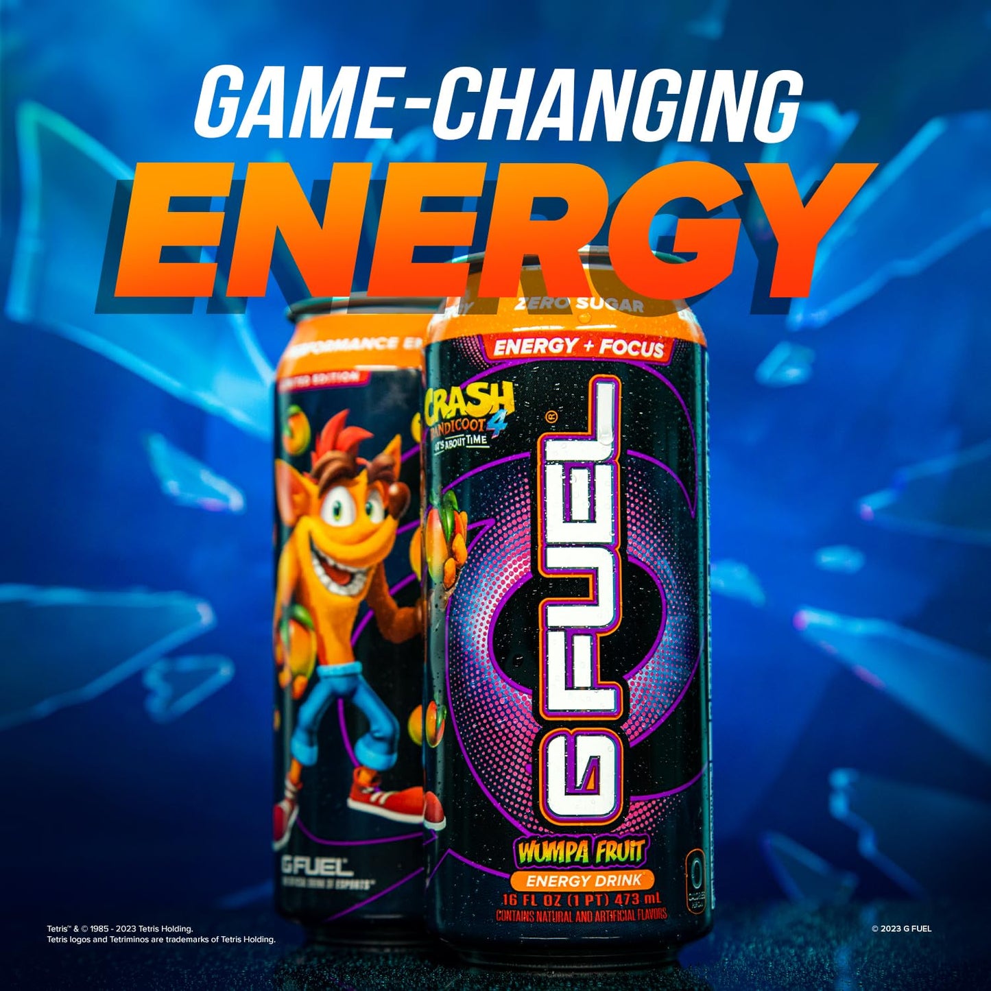 G Fuel Crash Bandicoot Energy Drink, Sugar Free, 300 mg Caffeine, Wumpa Fruit Flavor, 16 Fl Oz, Pack of 12, Yellow