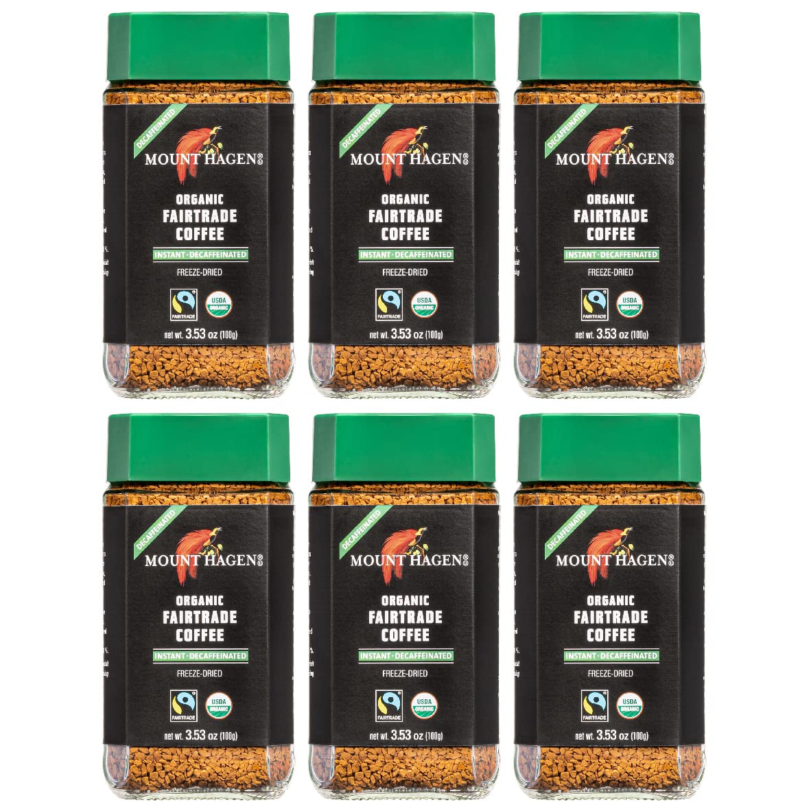 Mount Hagen Organic Freeze Dried Instant Decaf Coffee, 3.53oz Jar, 6 Pack, Fair-Trade Arabica Beans