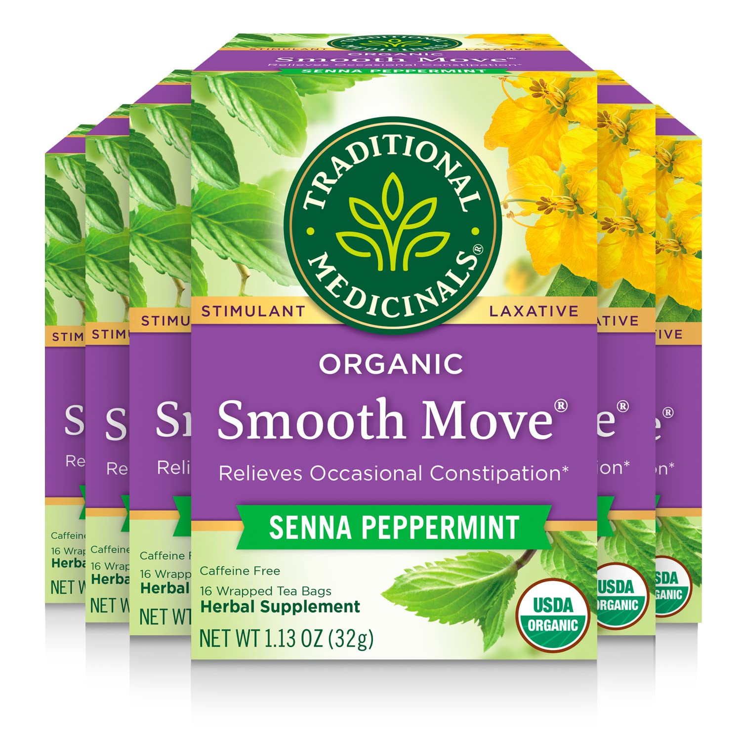 Traditional Medicinals Tea, Organic Smooth Move Peppermint, Relieves Occasional Constipation, Senna, 16 Count (Pack Of 6)