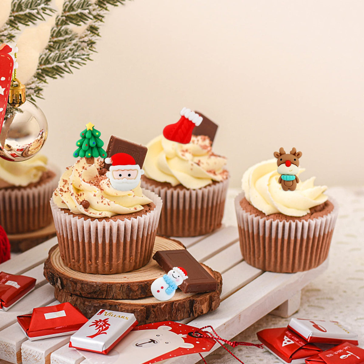 Ercadio 25 Pack Resin Christmas Cupcake Toppers Santa Claus Snowman Christmas Tree Cupcake Picks Resin Socks Cupcake Toppers For