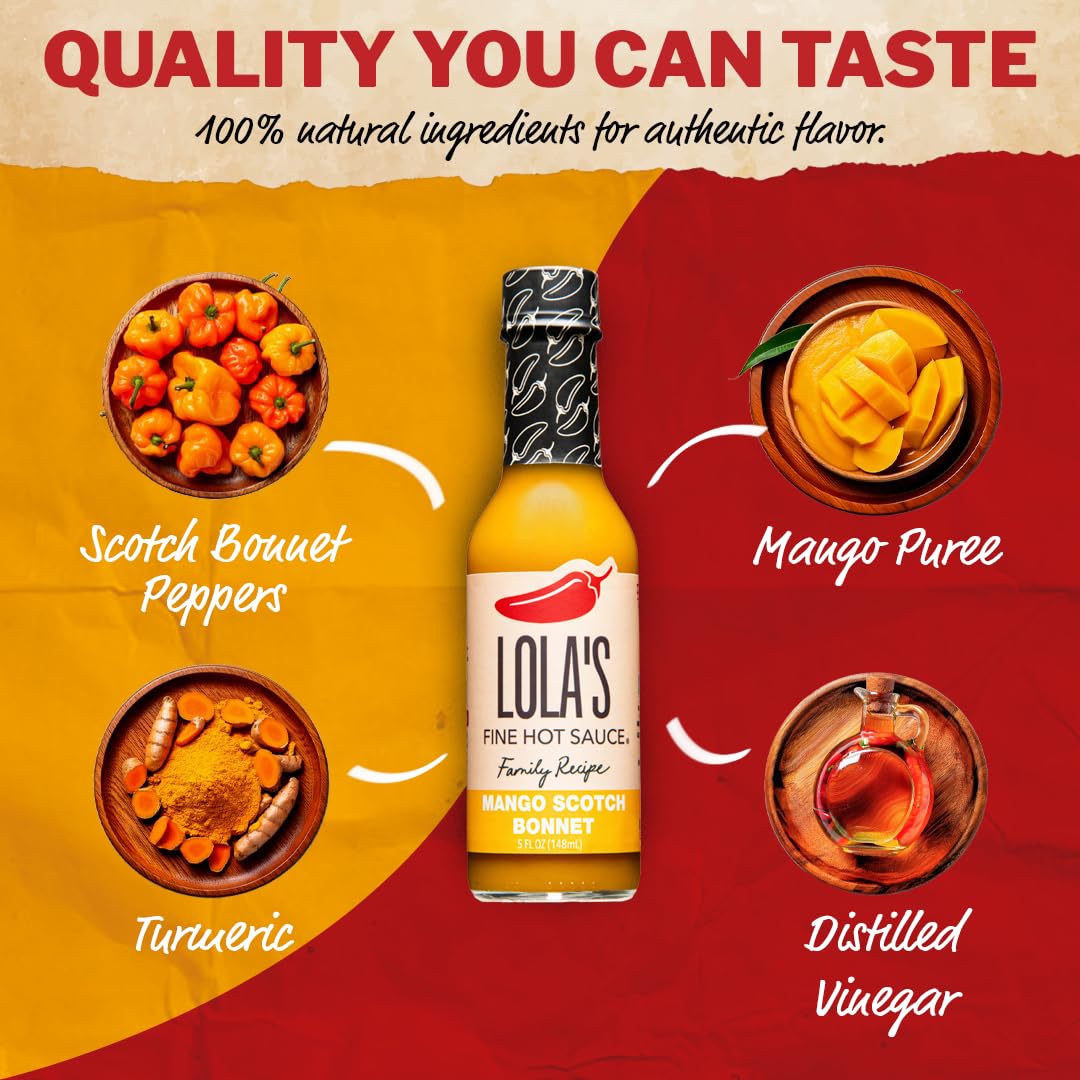 Lolas Fine Hot Sauce Mango Ginger Scotch Bonnet, Sweet & Spicy, 5 Fl Oz, Gluten Free, Keto Friendly, Zero Calories