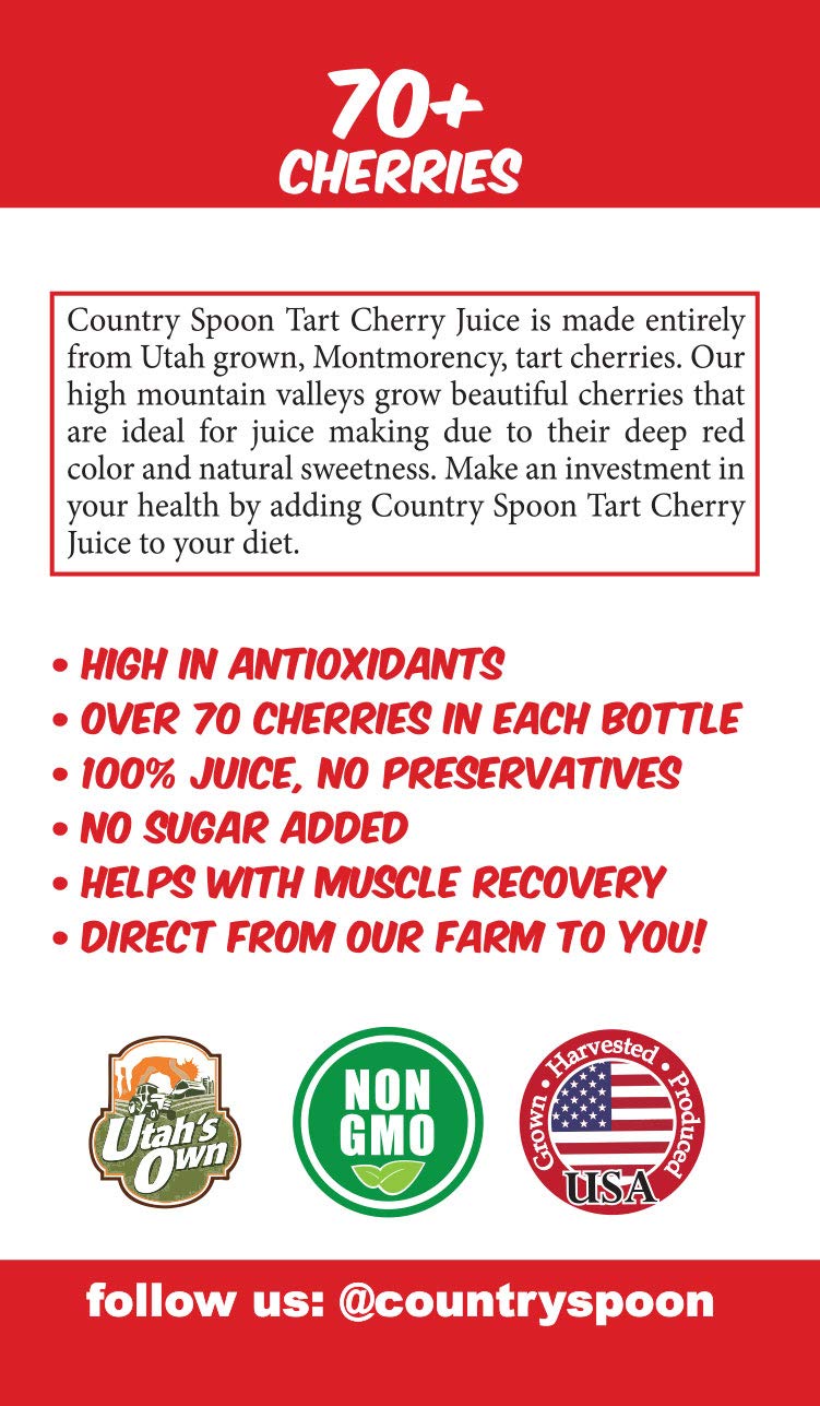 Country Spoon 100% Tart Cherry Juice (70+ Tart Cherries Per 8 oz) 12 Pack | Not from Concentrate, Single Ingredient Drink, Melat