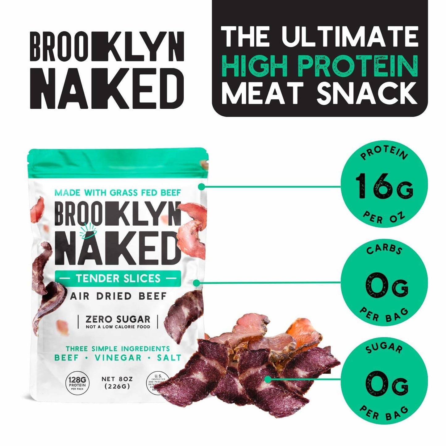 Brooklyn Biltong Air Dried Beef Snack, Whole30 Approved, Paleo, Keto, Gluten Free, 8 oz, Naked
