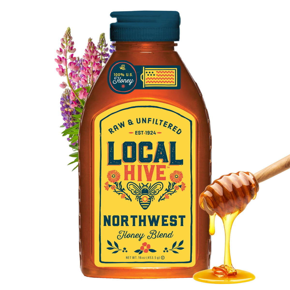 Local Hive Northwest Raw Unfiltered Honey - 16 oz, 100% Pure US Honey, Sourced from American Bees and Beekeepers - Natural Sweet