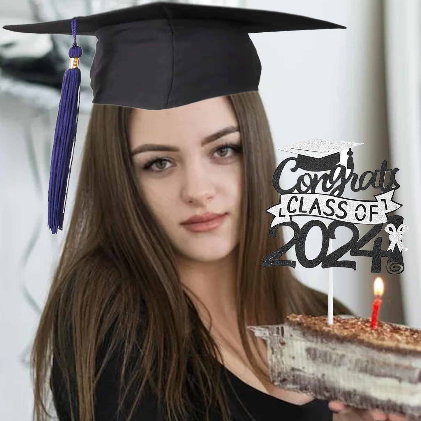 Chewarelly 1 Pack 2024 Class Of Cake Topper, Glitter Congrats Grad Cake Decor,Graduation Cake Picks For Senior High School Colle