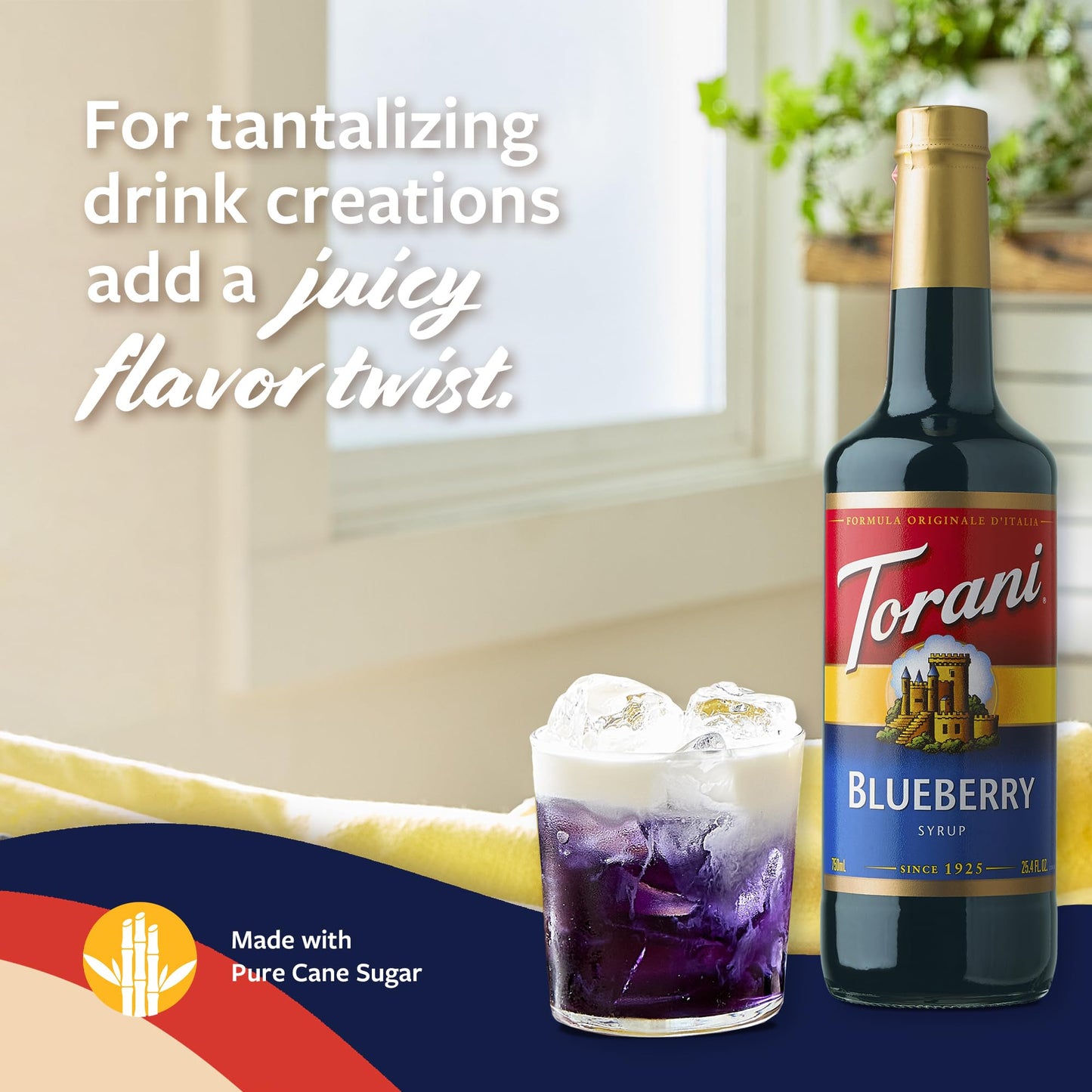 Torani Blueberry Syrup for Drinks  Flavoring for Iced Tea  Lemonade  Sodas  and Cocktails  Glass Bottle with Pump Included  25.4 Fl Oz