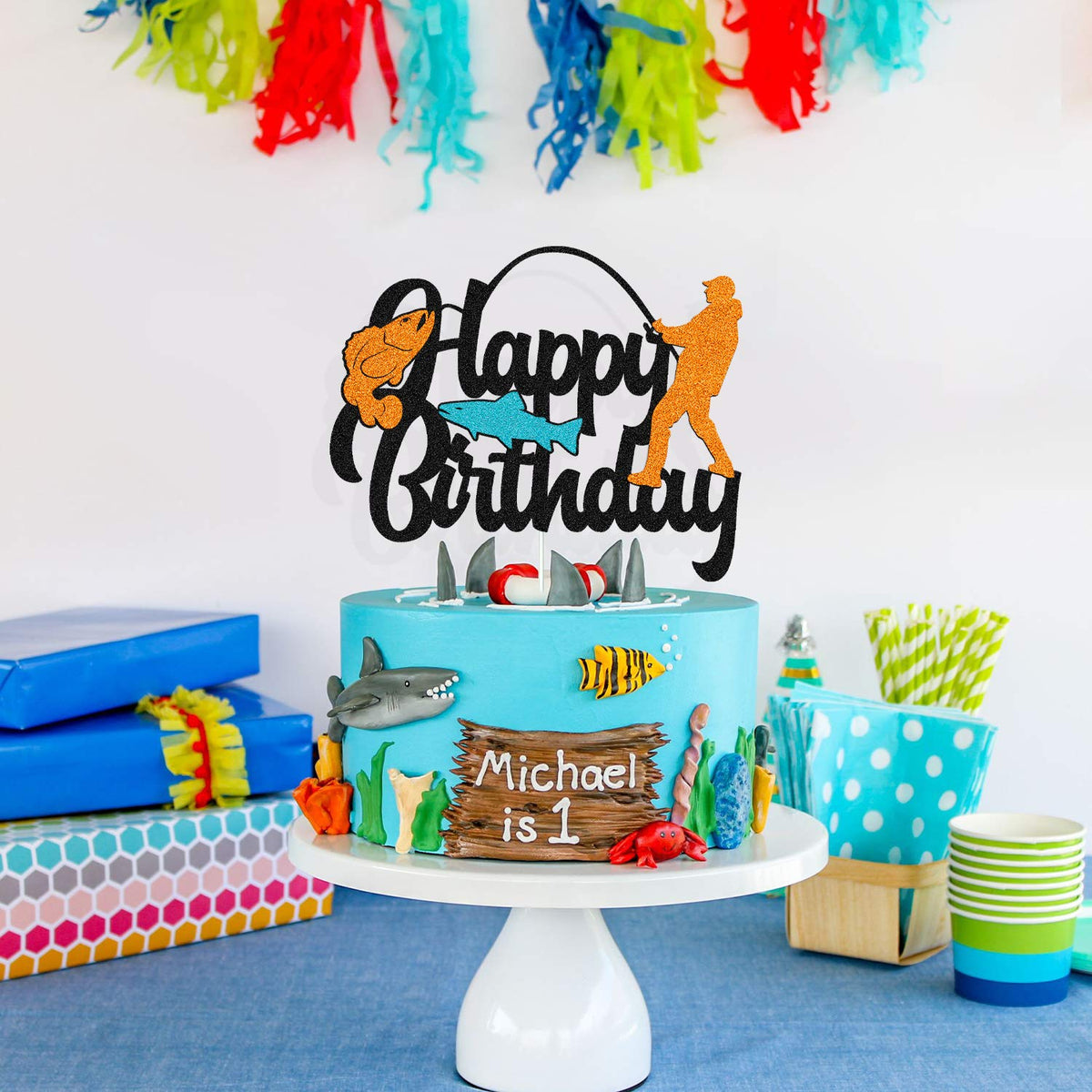 YOYMARR Fish Cake Topper Happy Birthday Sign, Black Glitter Decor, 7.3 x 5.9 for Fisherman Themed Party