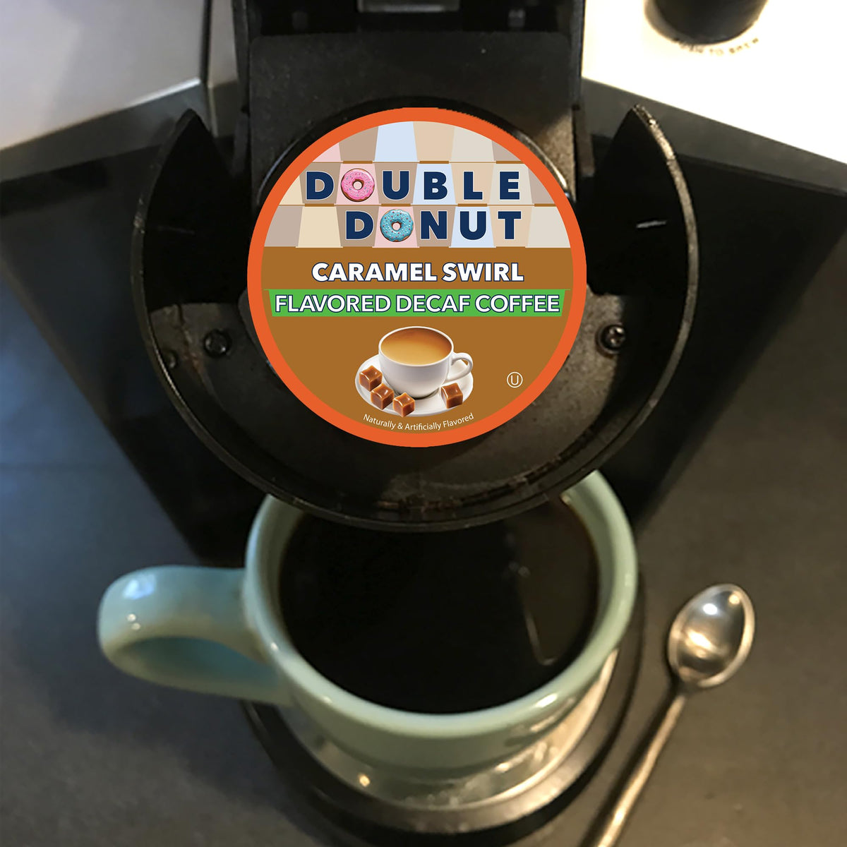 Double Donut Coffee Caramel Swirl Medium Roast Decaf Coffee Pods for Keurig - 24 Count