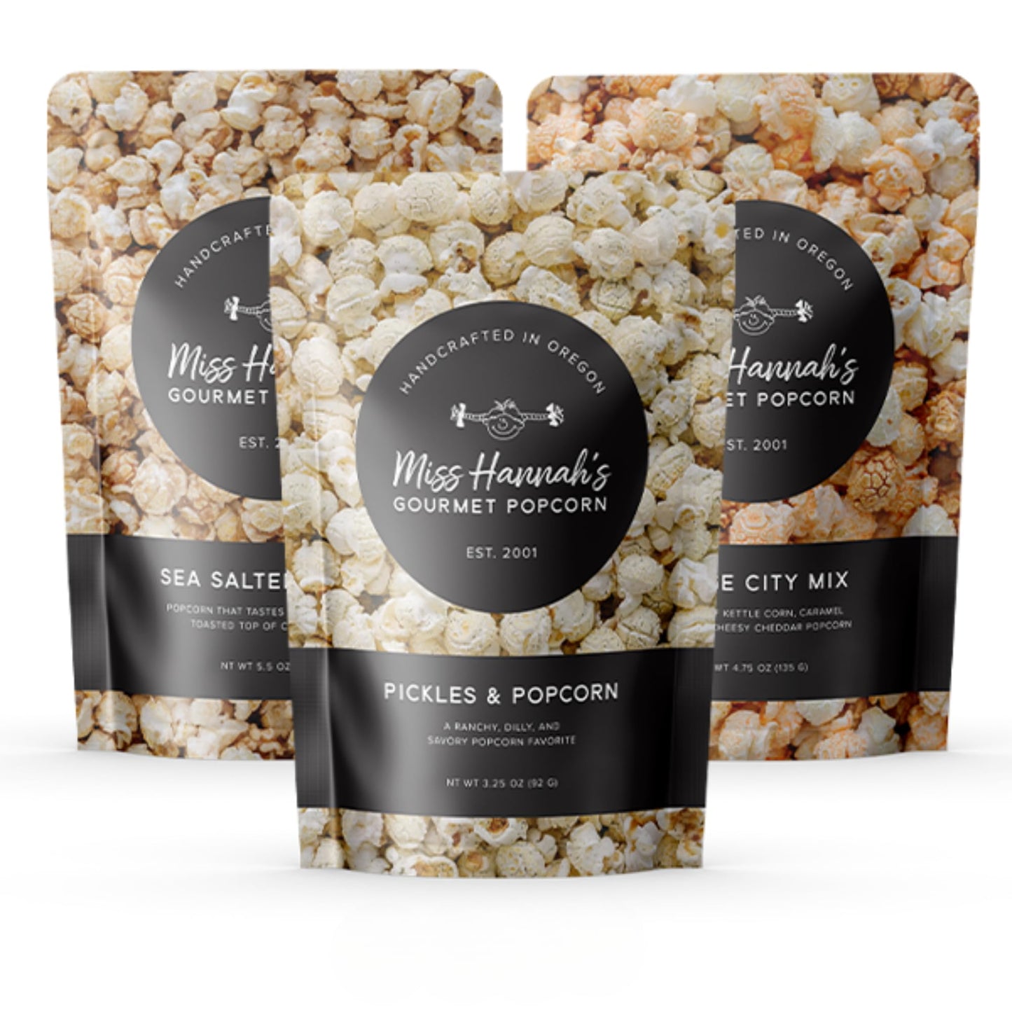Miss Hannahs Gourmet Popcorn Starter Pack - Sea Salted Brulee, Bridge City Mix, Pickles & Popcorn - Non-GMO, Sweet & Savory Sna