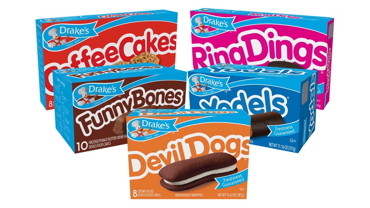 Drakes Variety Pack Yodels, Ring Dings, Devil Dogs, Funny Bones, and Coffee Cakes, Chocolate